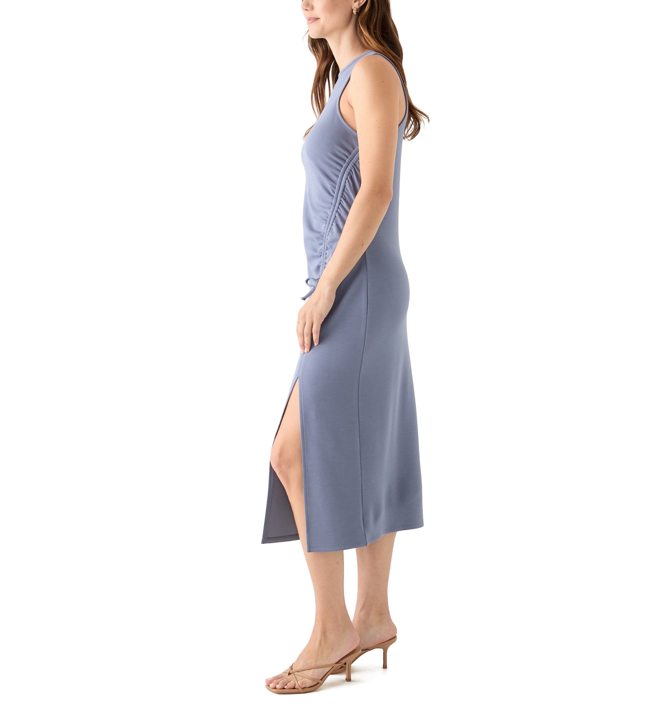 Womens Sleeveless Crew Neck Ruched Midi Dress