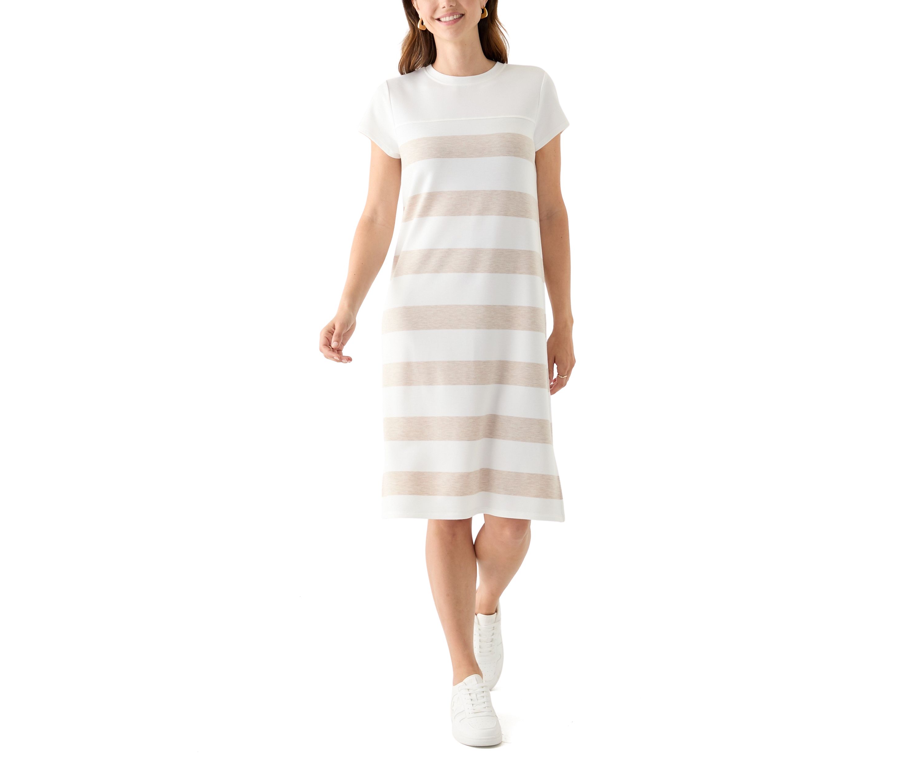 Womens Short Sleeve Crew Neck Stripe Print A-Line Dress