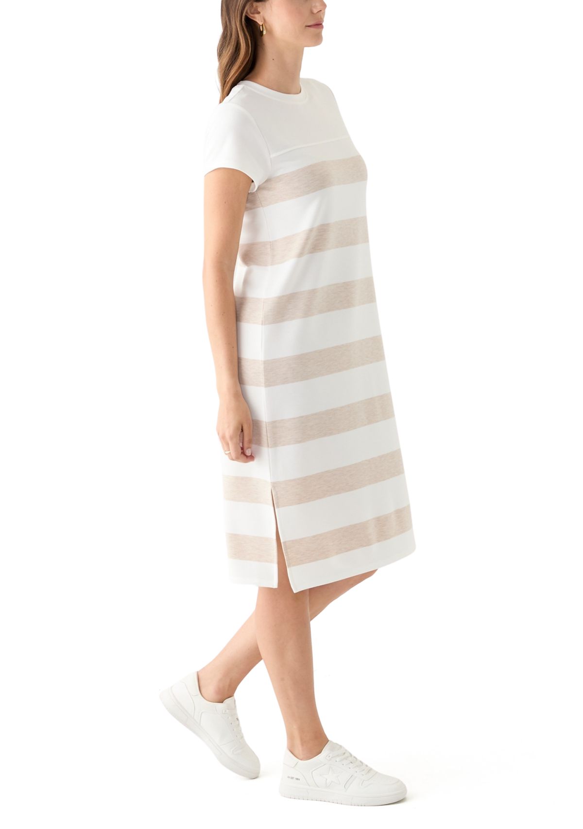 Womens Short Sleeve Crew Neck Stripe Print A-Line Dress