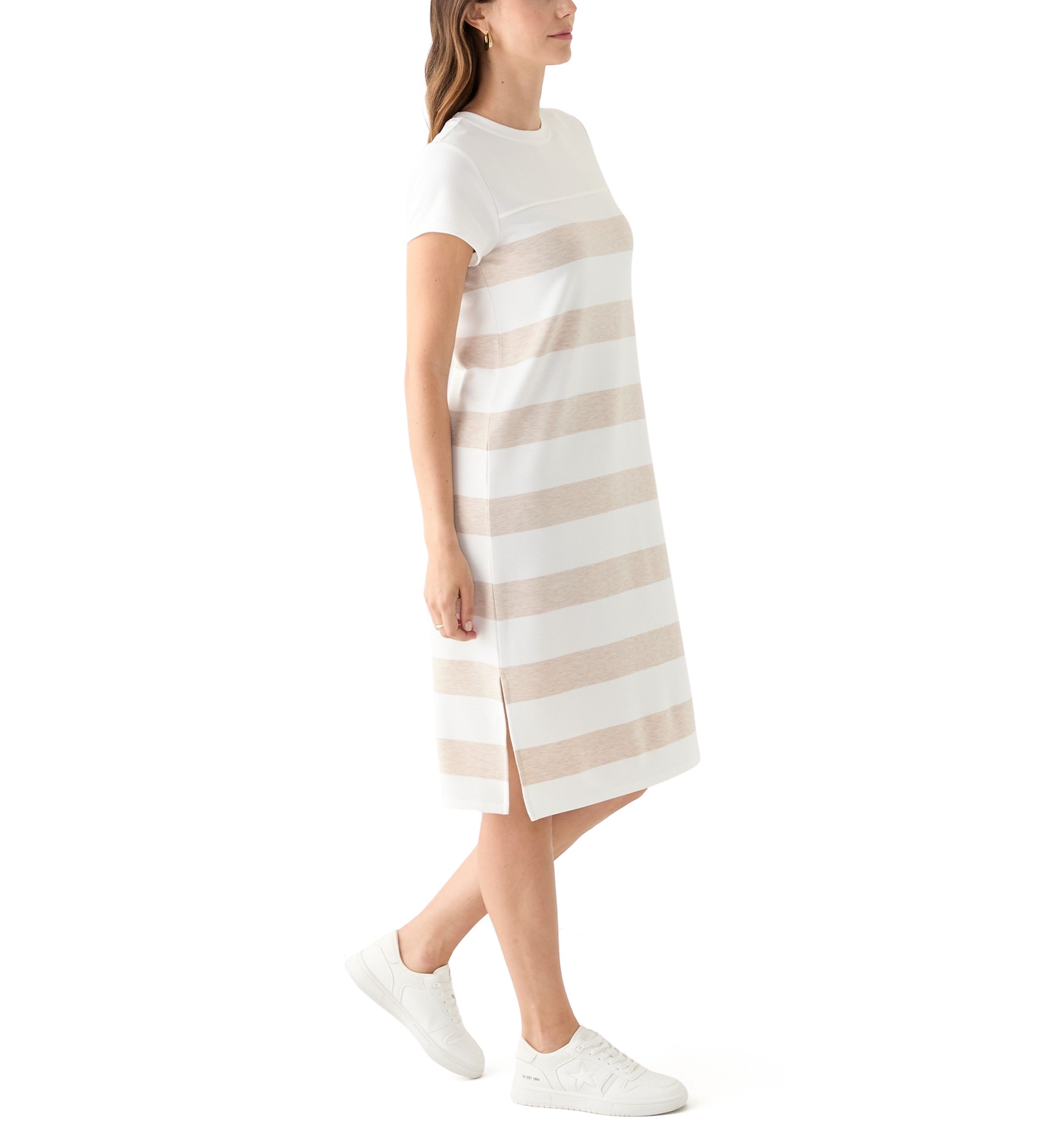 Womens Short Sleeve Crew Neck Stripe Print A-Line Dress