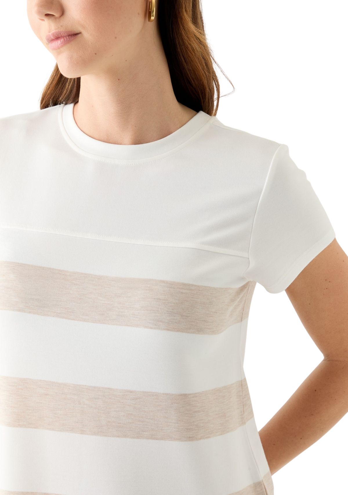 Womens Short Sleeve Crew Neck Stripe Print A-Line Dress