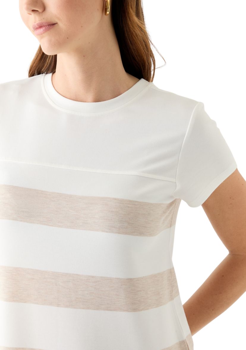 Womens Short Sleeve Crew Neck Stripe Print A-Line Dress