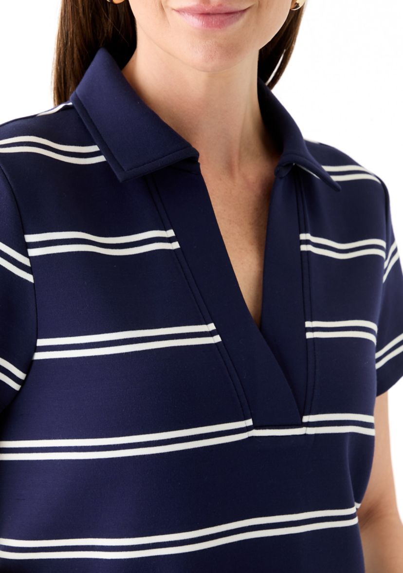 Womens Short Sleeve Collar Neck Stripe Print Mini Dress