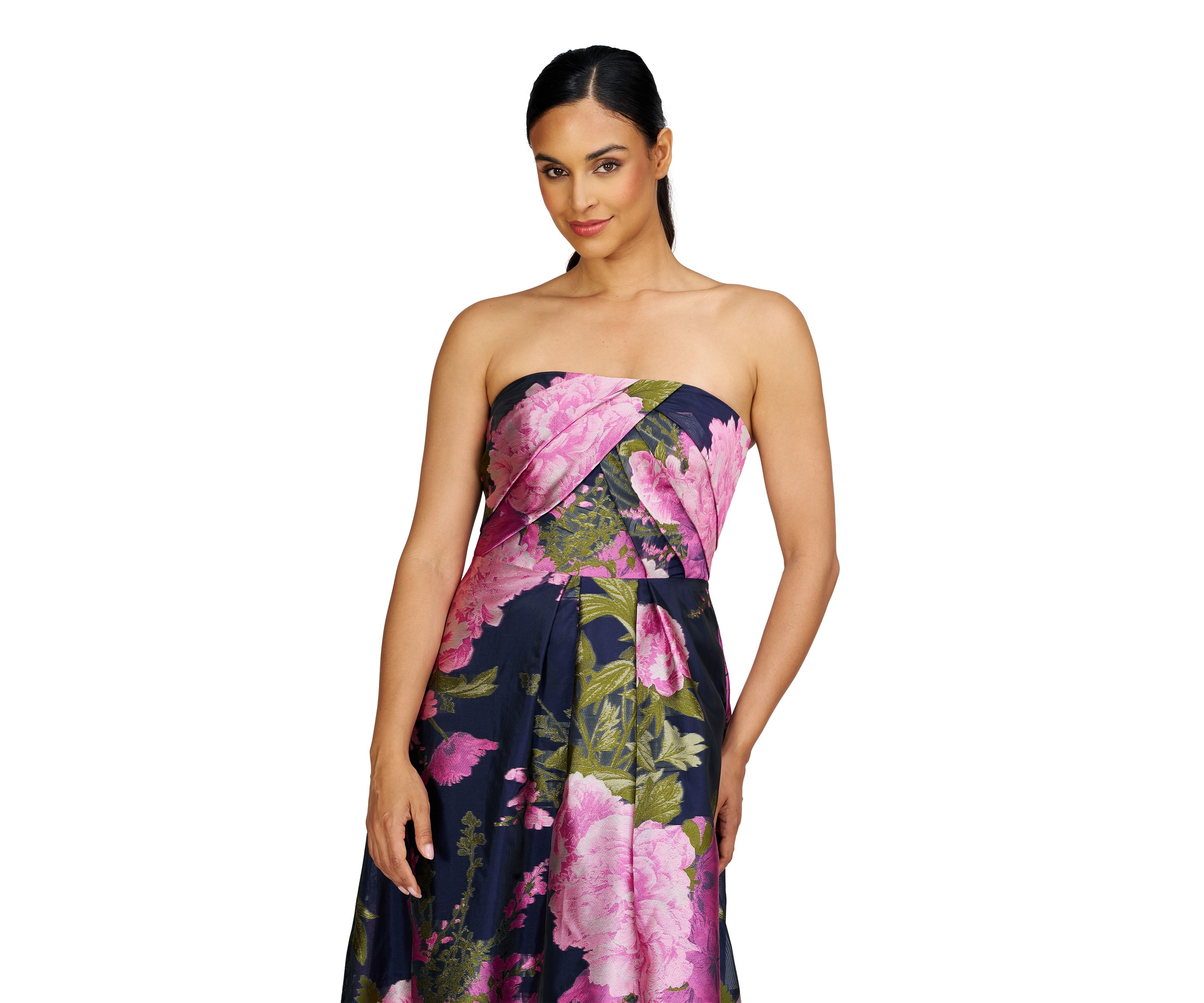Womens Strapless Floral Print Gown