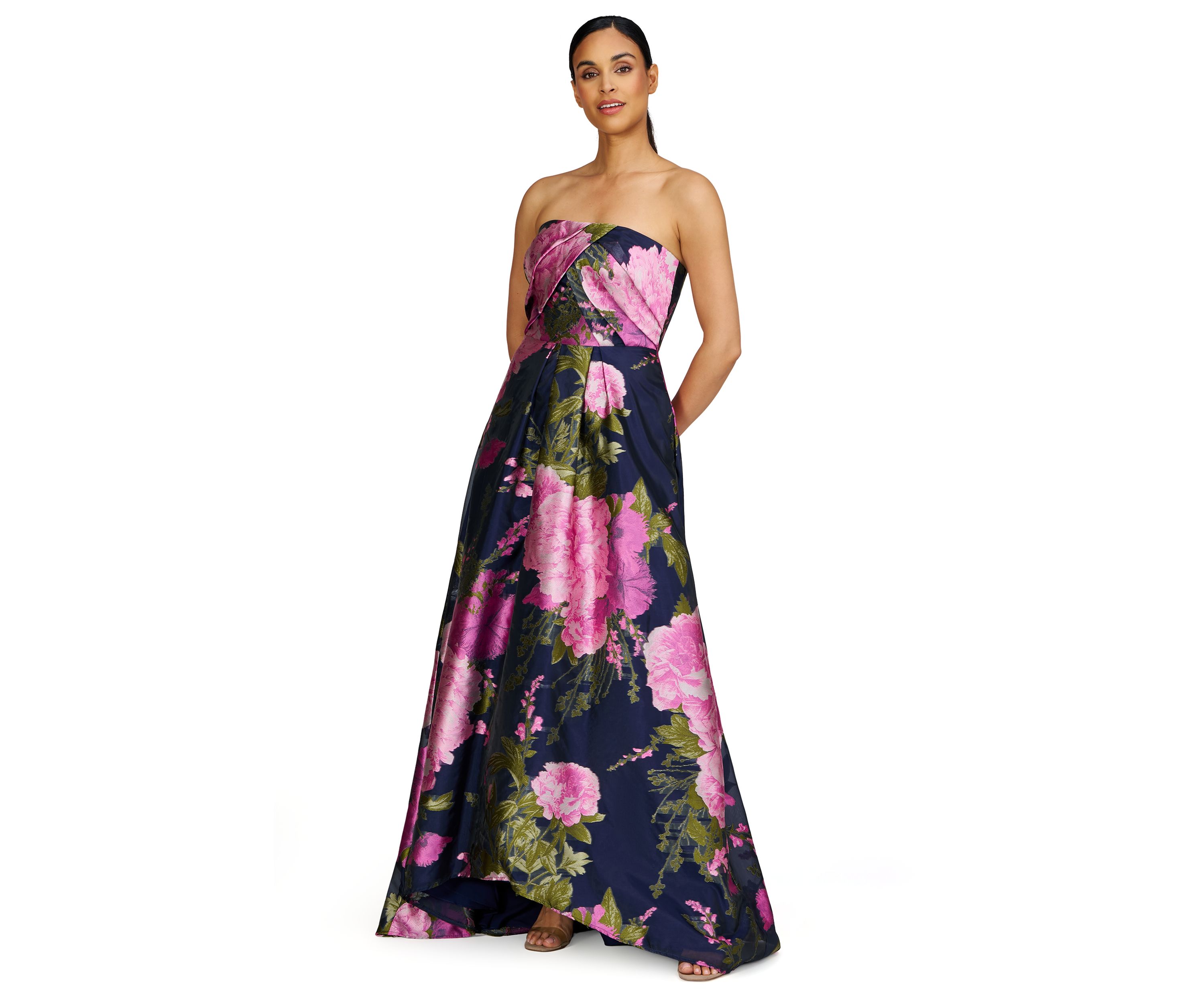 Womens Strapless Floral Print Gown