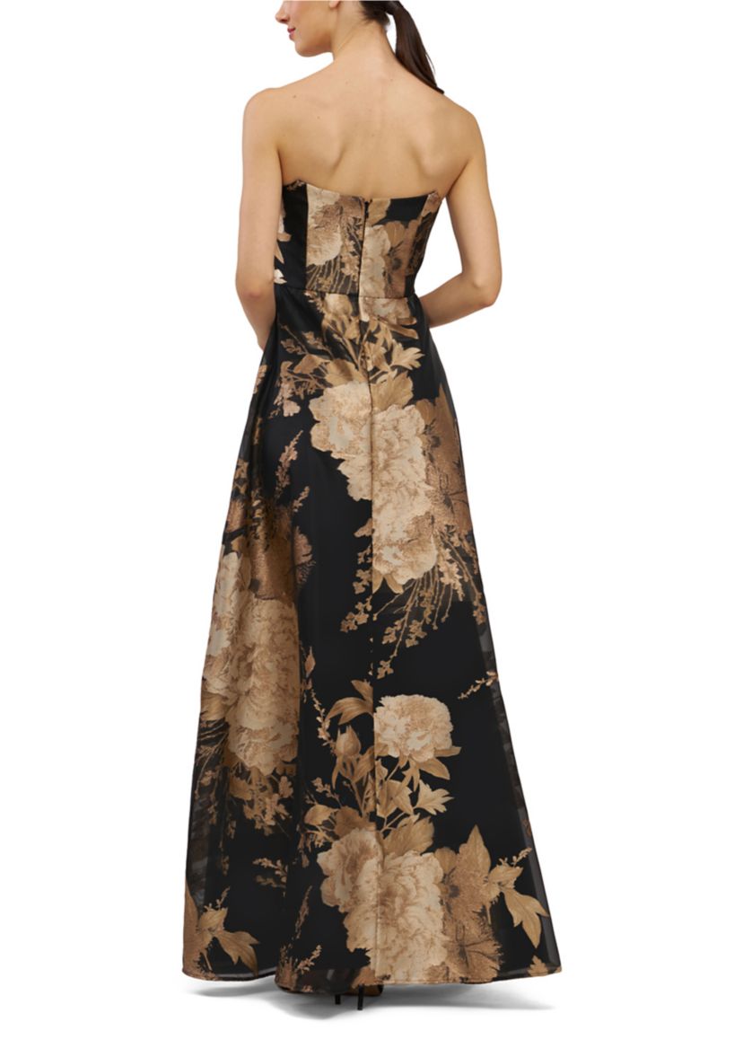 Sleeveless Strapless Metallic Floral Maxi Gown 
