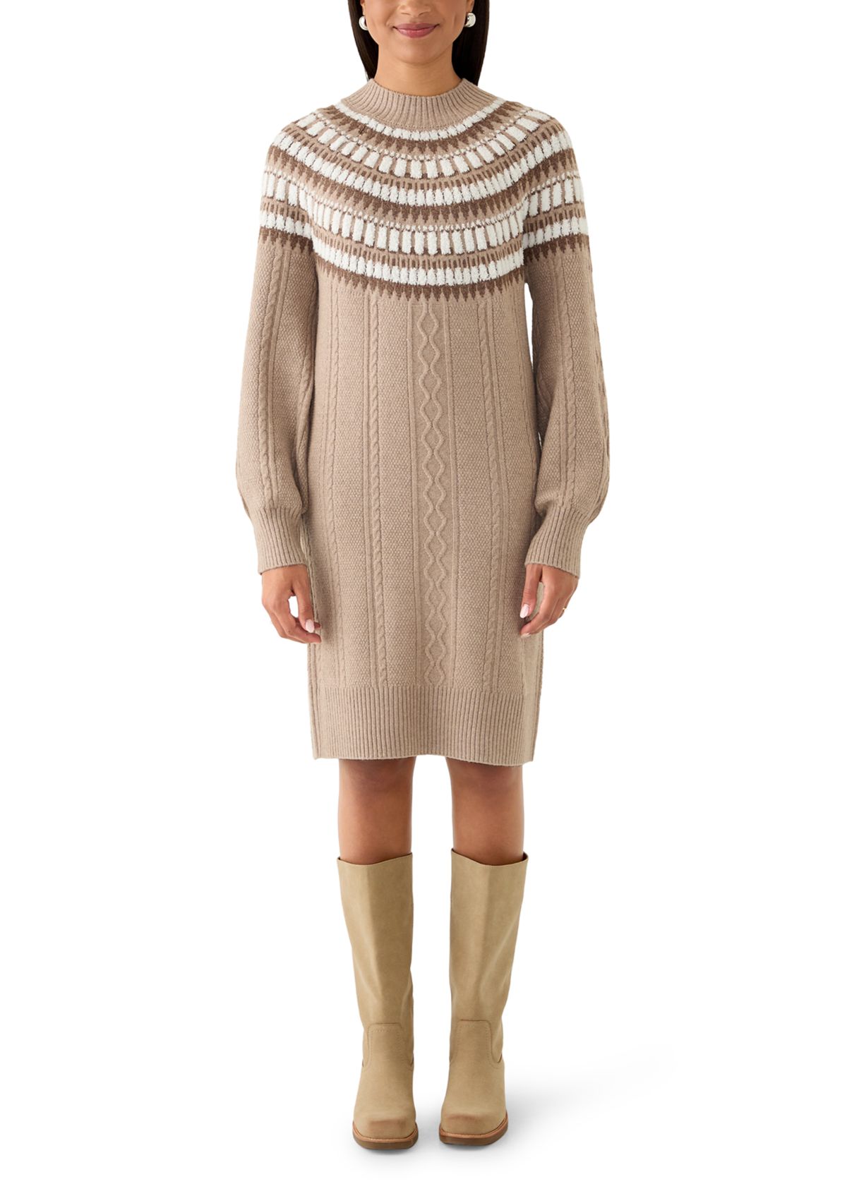 Womens Mock Neck Intarsia Sweater Dress 