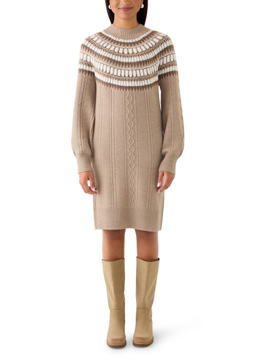 Womens Mock Neck Intarsia Sweater Dress 