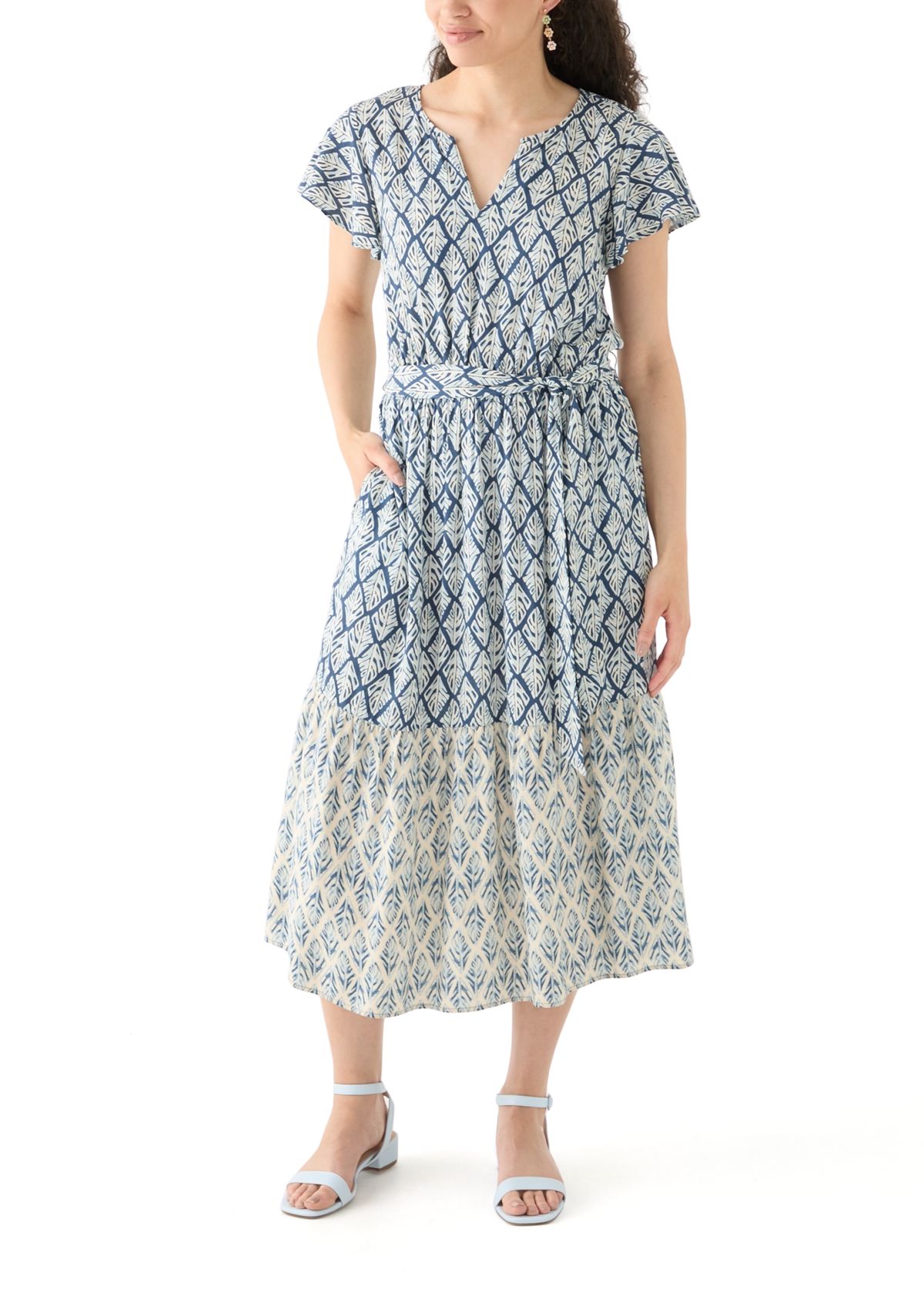 Womens Ruffle Sleeve Tiered Midi Dress