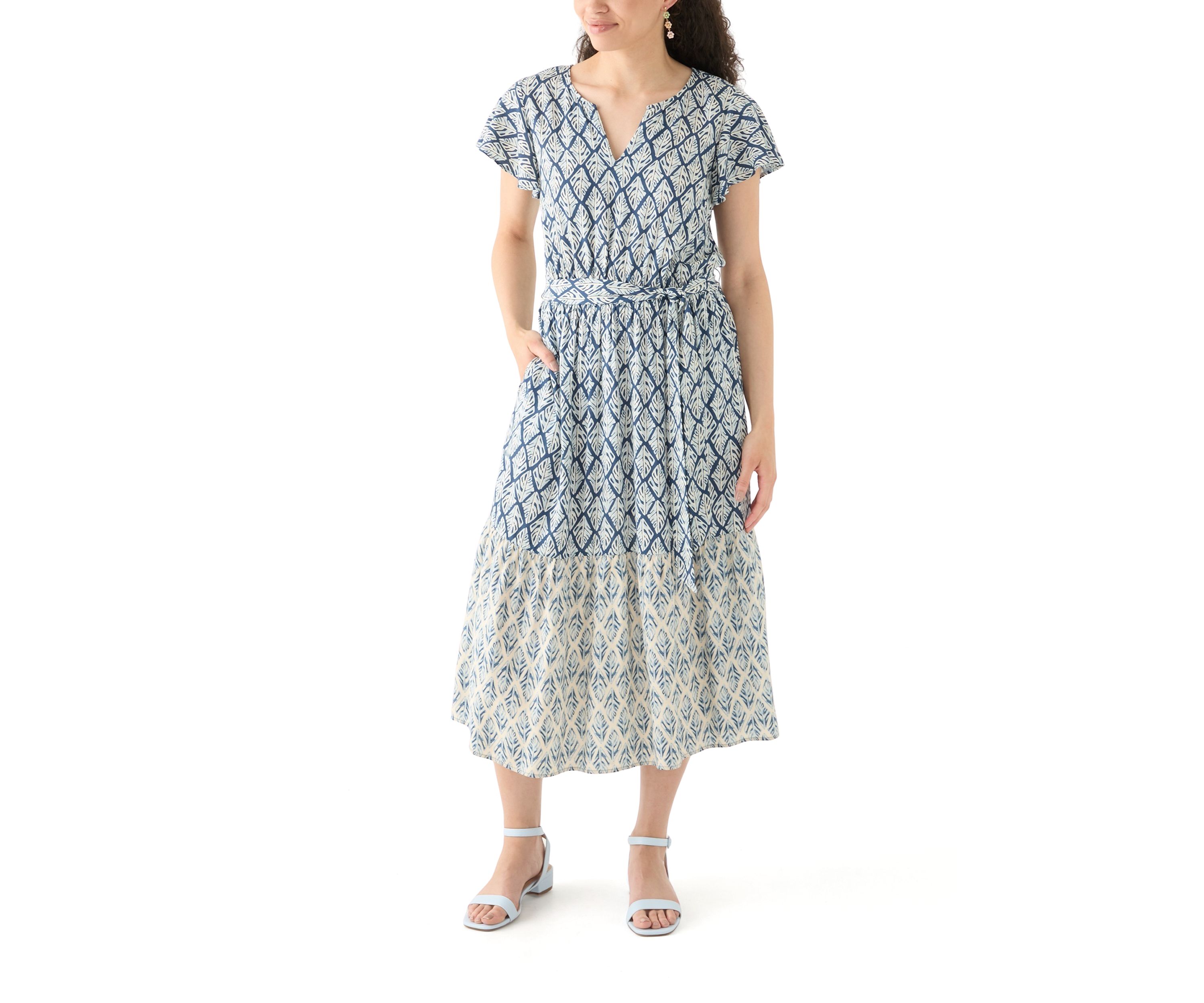 Womens Ruffle Sleeve Tiered Midi Dress