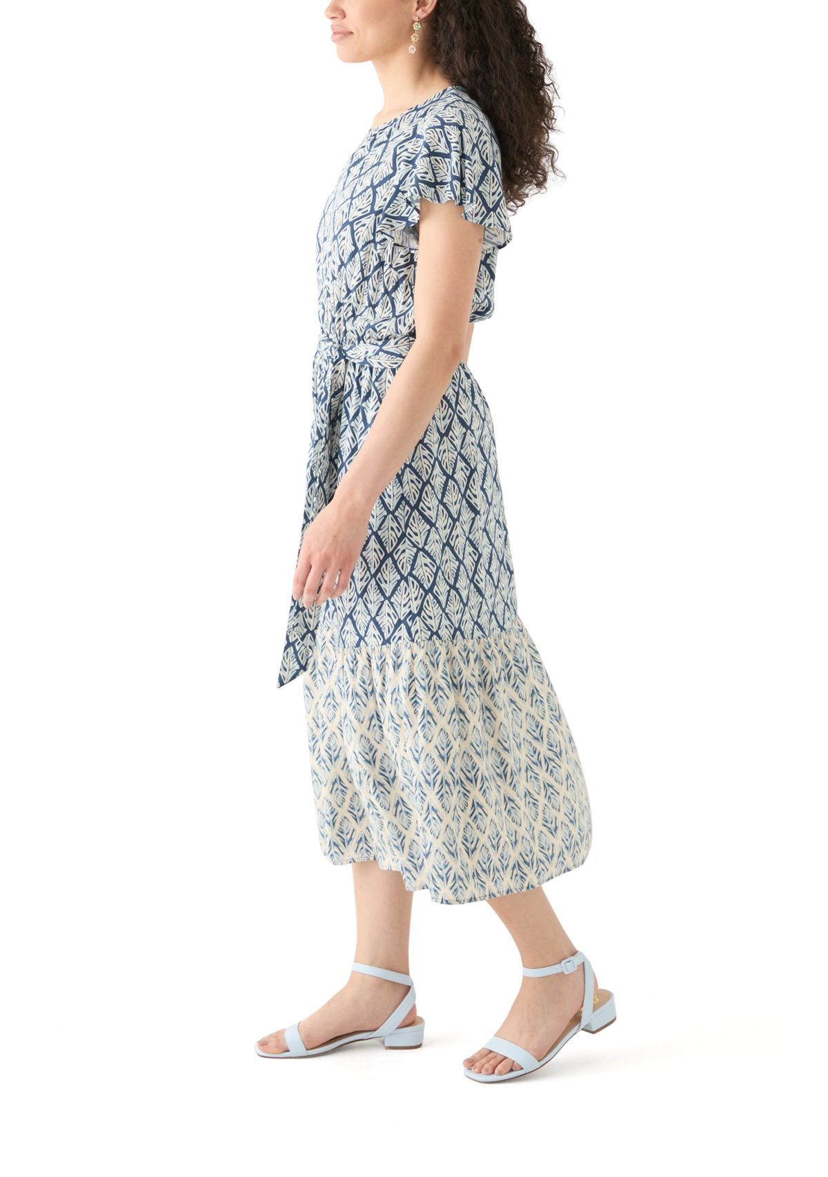 Womens Ruffle Sleeve Tiered Midi Dress