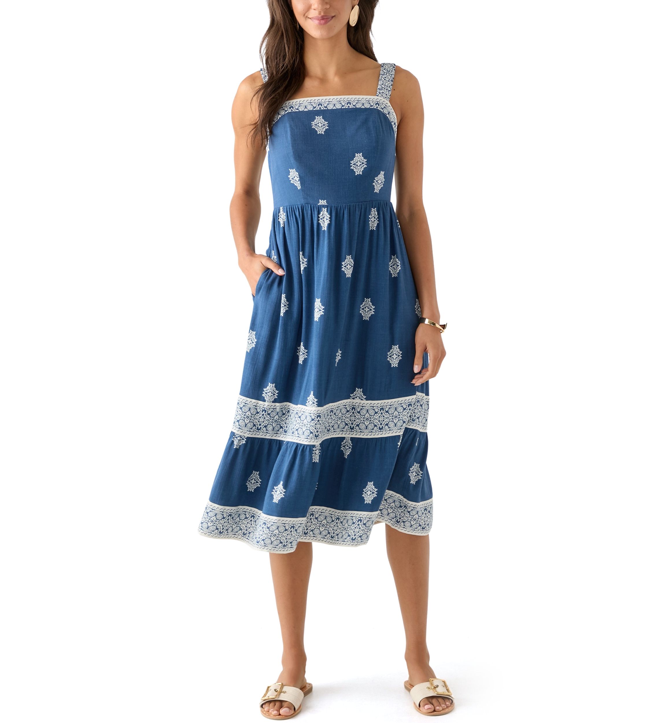 Womens Lace Trim Tiered Midi Dress