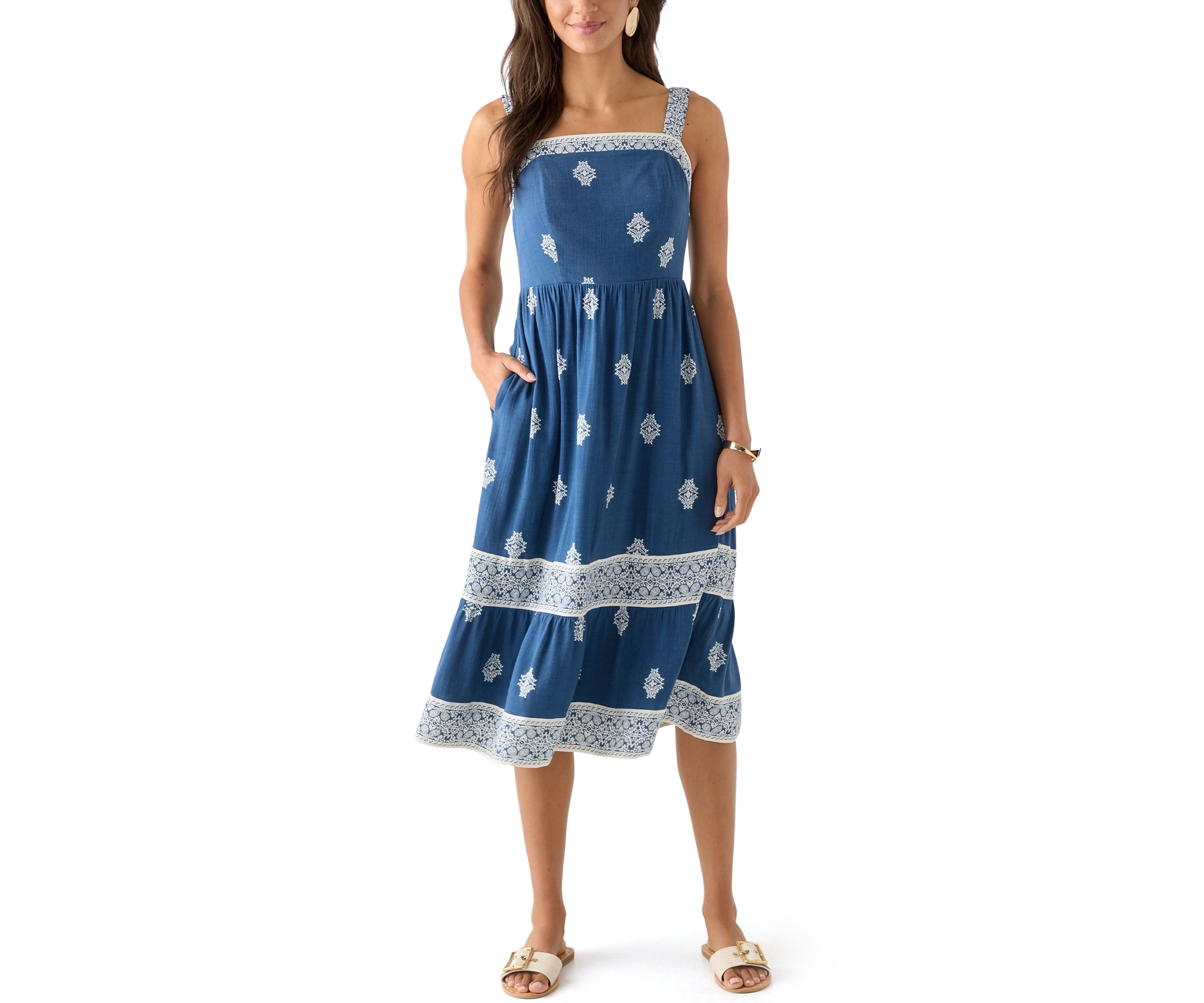 Womens Lace Trim Tiered Midi Dress
