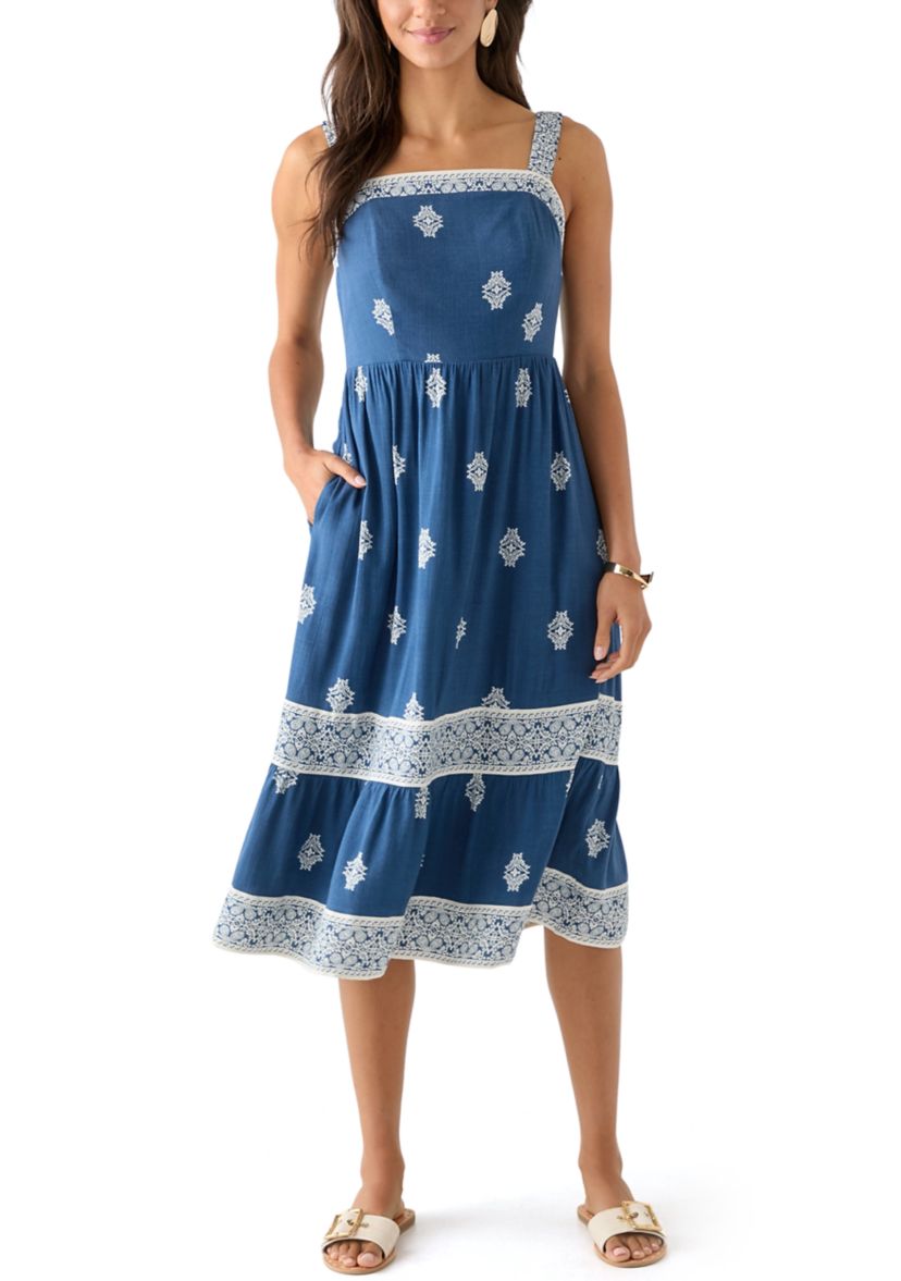 Womens Lace Trim Tiered Midi Dress