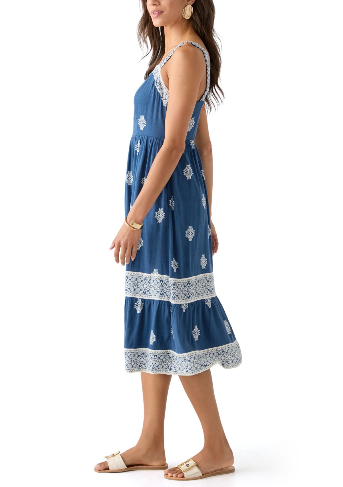 Womens Lace Trim Tiered Midi Dress