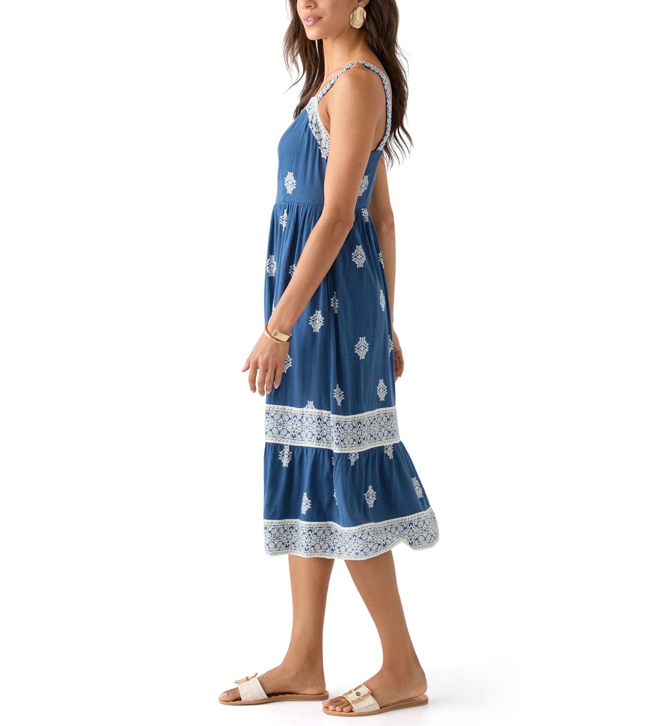 Womens Lace Trim Tiered Midi Dress