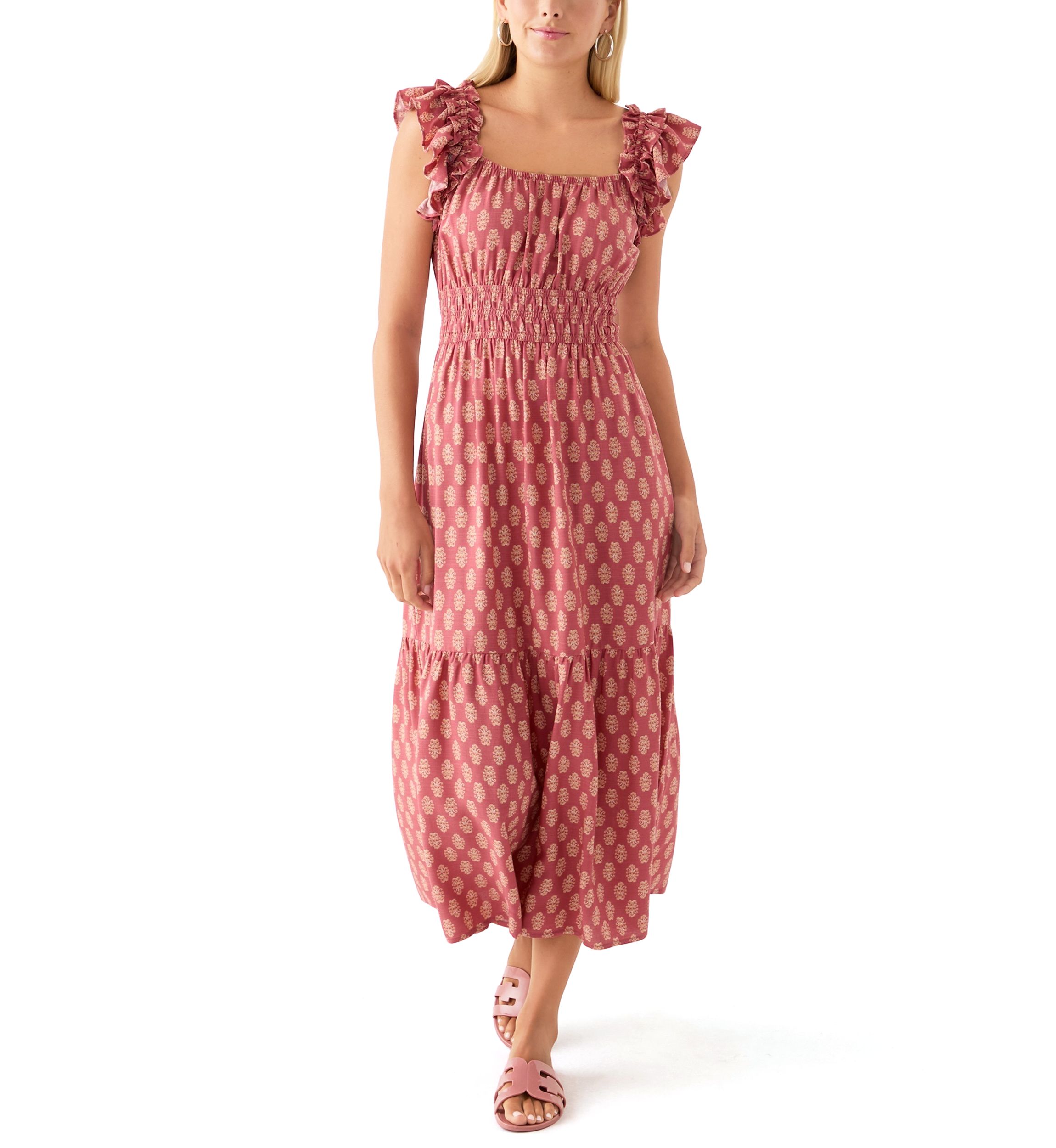 Womens Flutter Sleeve Printed Midi Dress