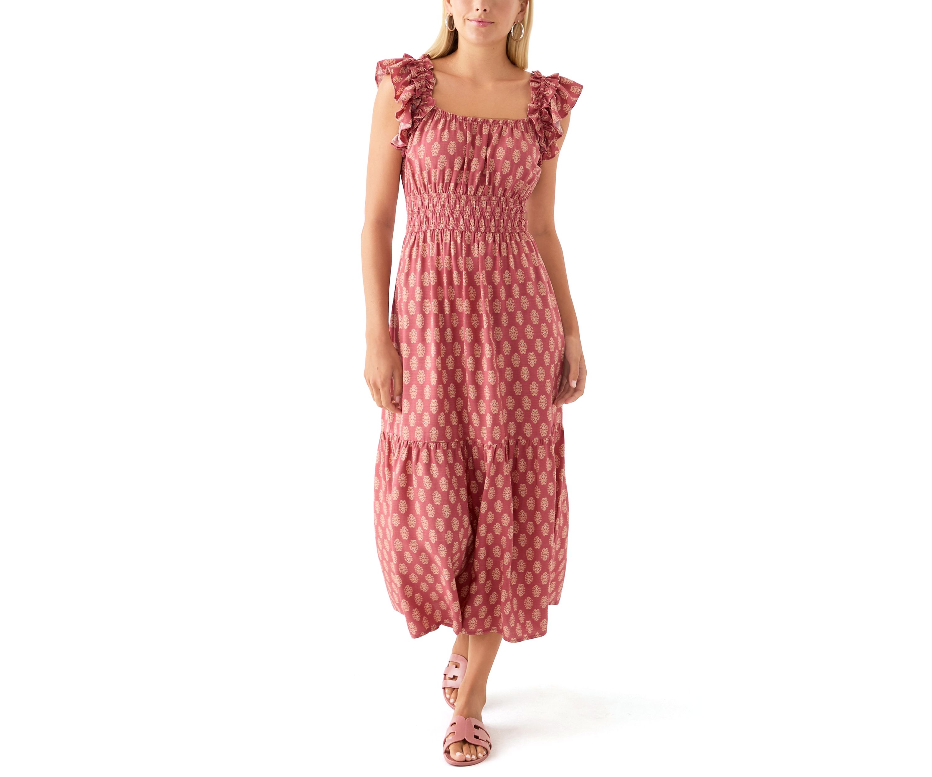 Womens Flutter Sleeve Printed Midi Dress
