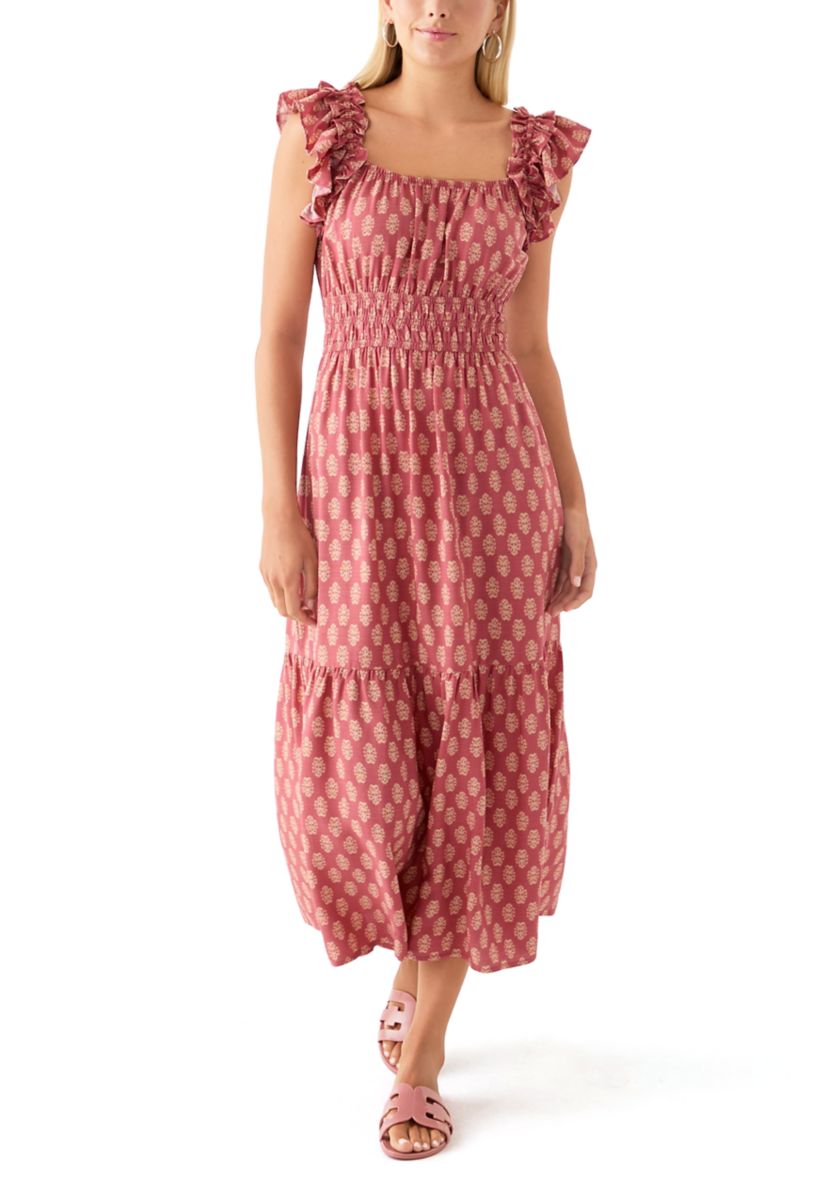 Womens Flutter Sleeve Printed Midi Dress