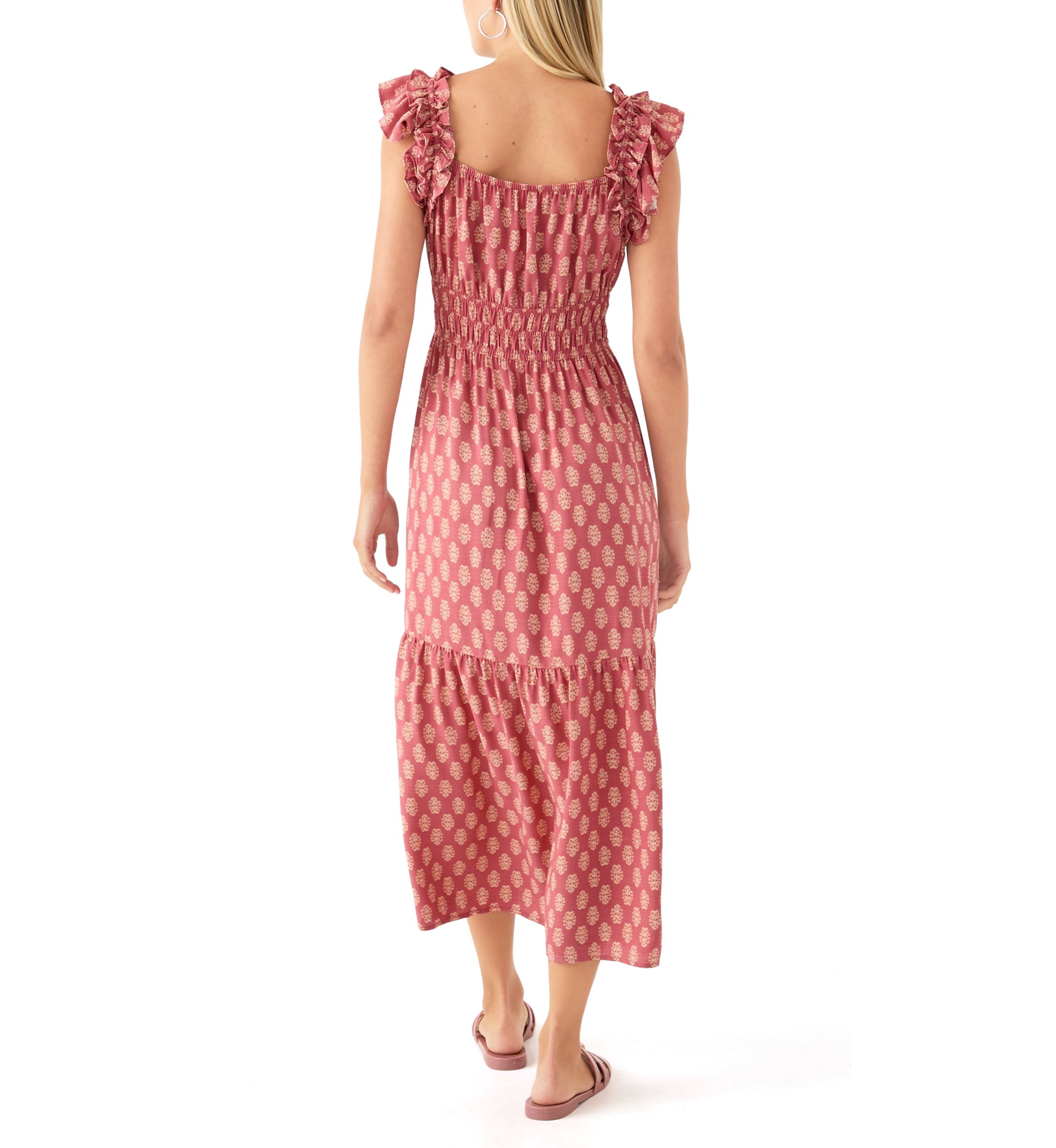 Womens Flutter Sleeve Printed Midi Dress