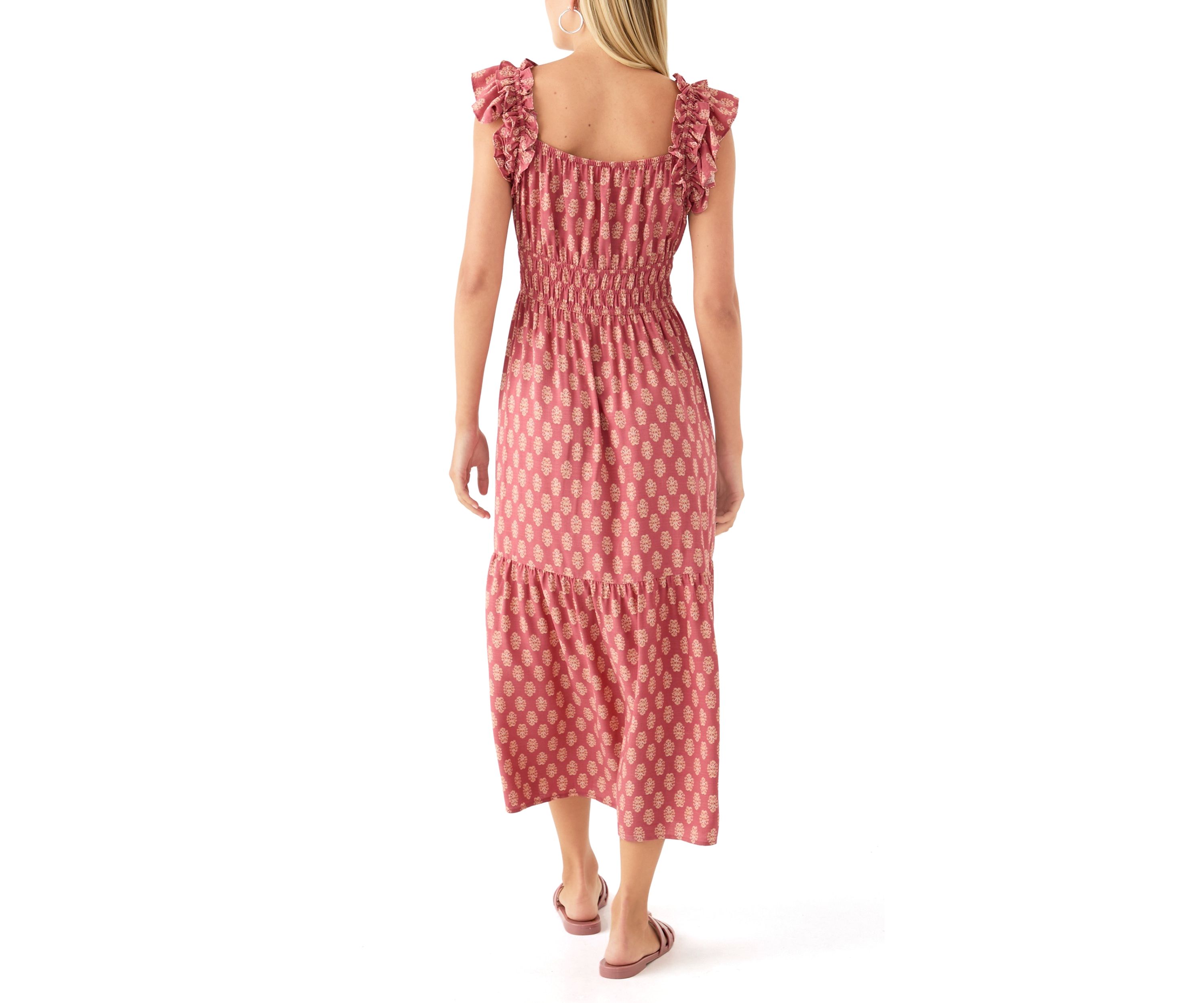 Womens Flutter Sleeve Printed Midi Dress