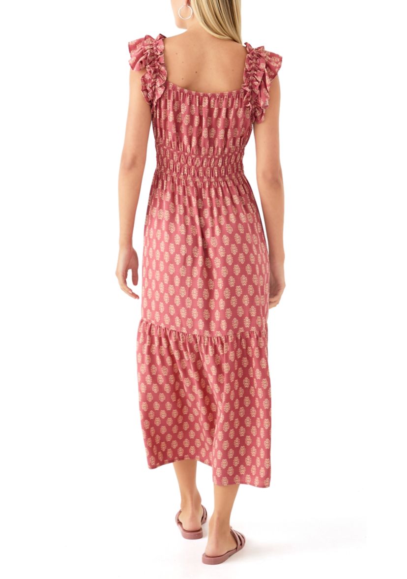 Womens Flutter Sleeve Printed Midi Dress