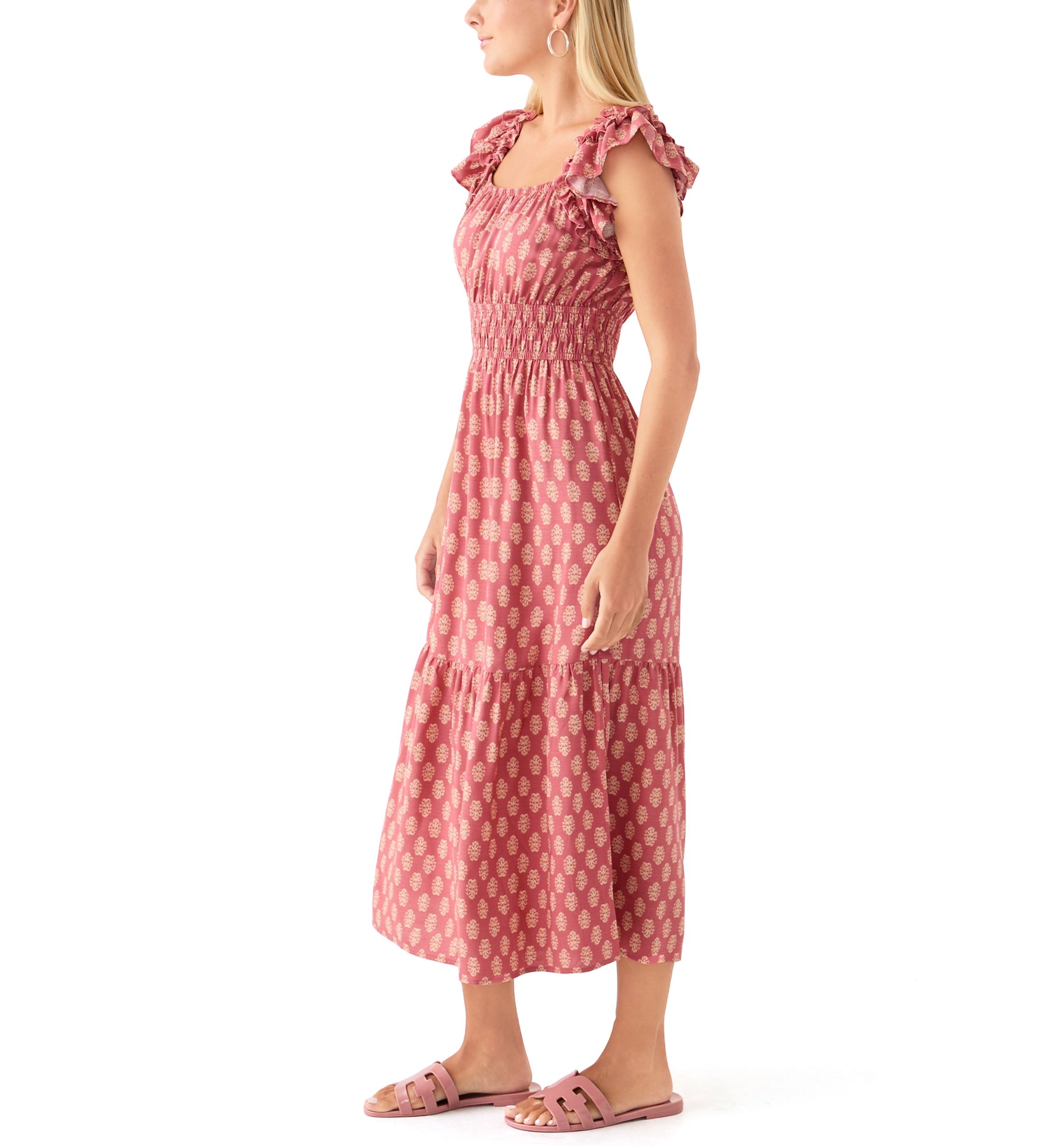 Womens Flutter Sleeve Printed Midi Dress