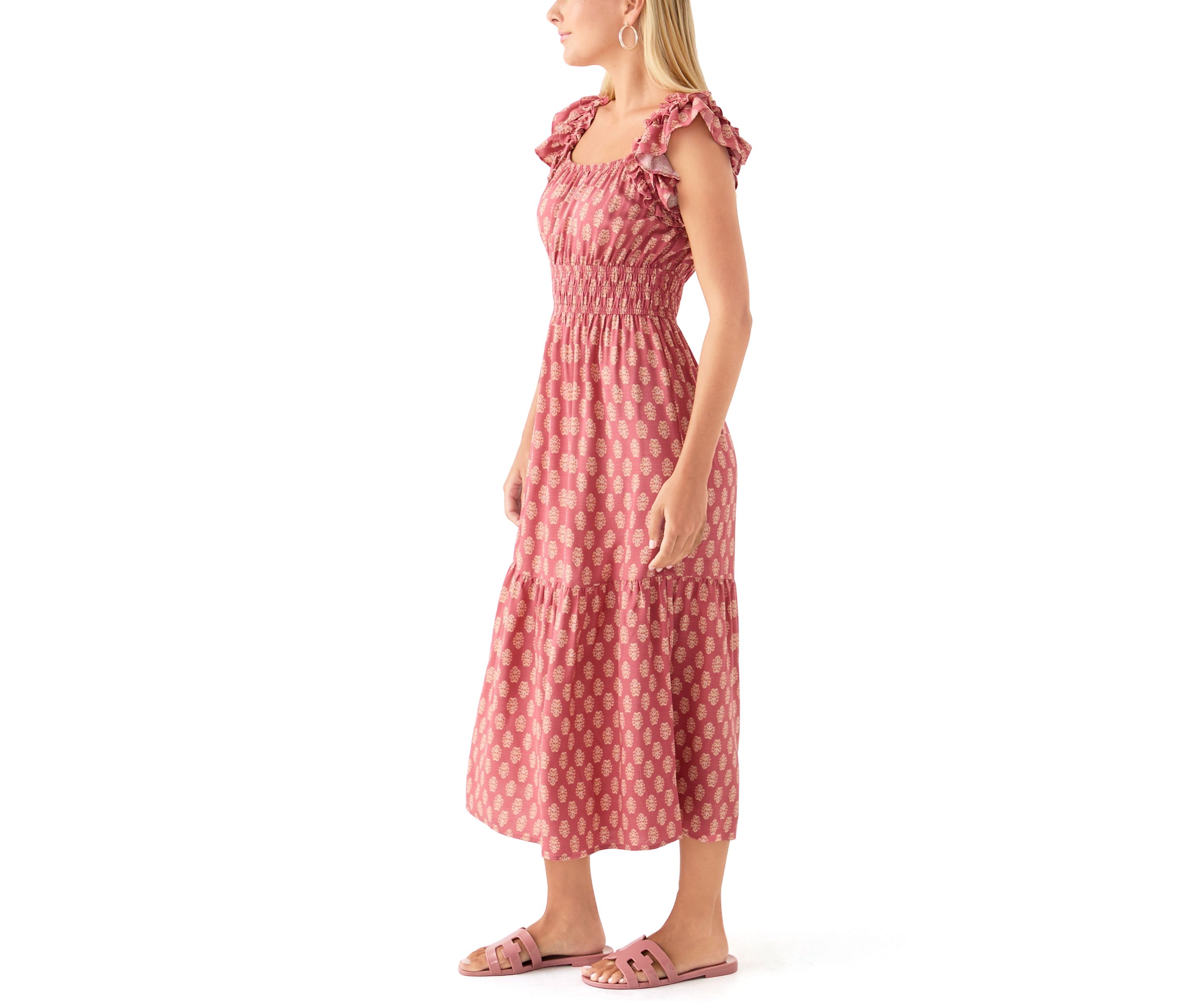 Womens Flutter Sleeve Printed Midi Dress