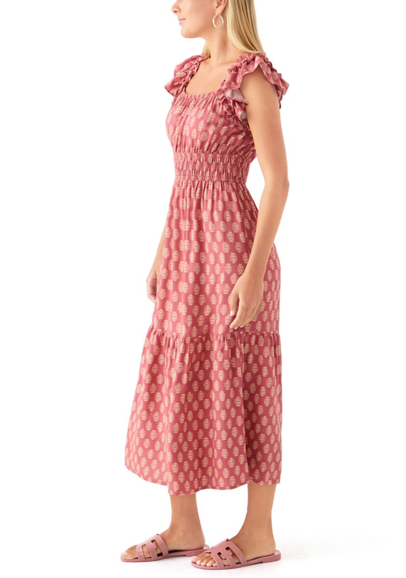 Womens Flutter Sleeve Printed Midi Dress