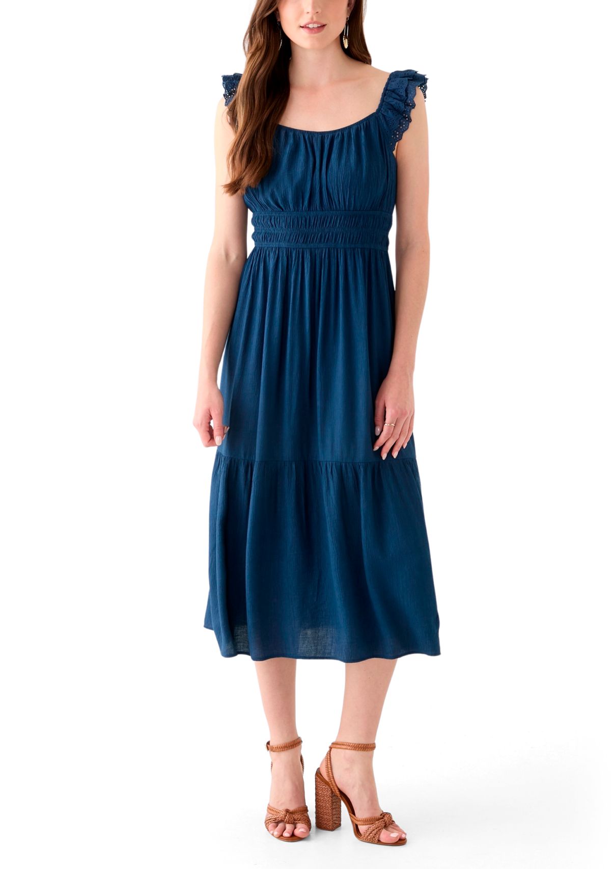 Womens Ruffle Eyelet Trim Midi Dress
