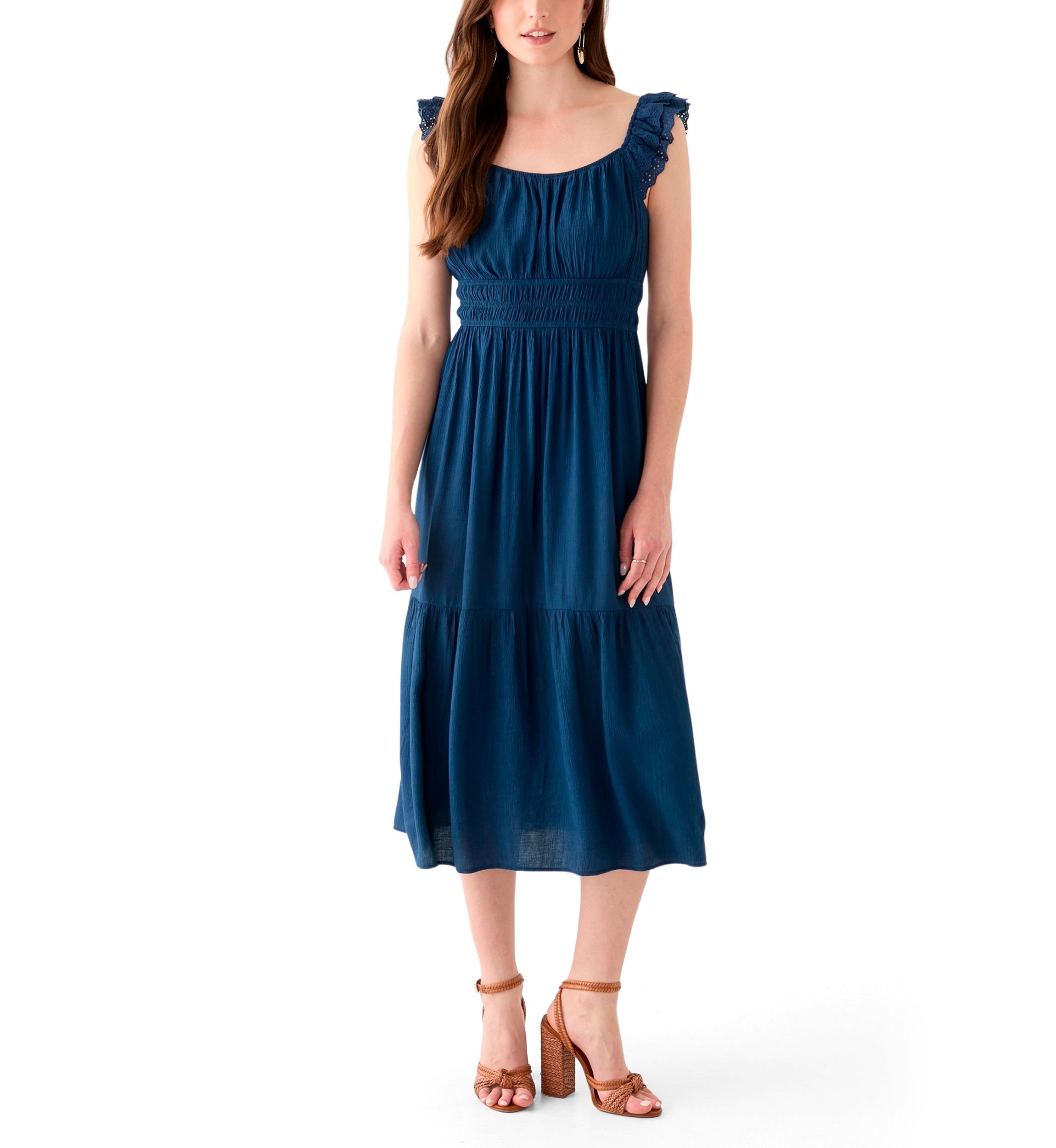 Womens Ruffle Eyelet Trim Midi Dress
