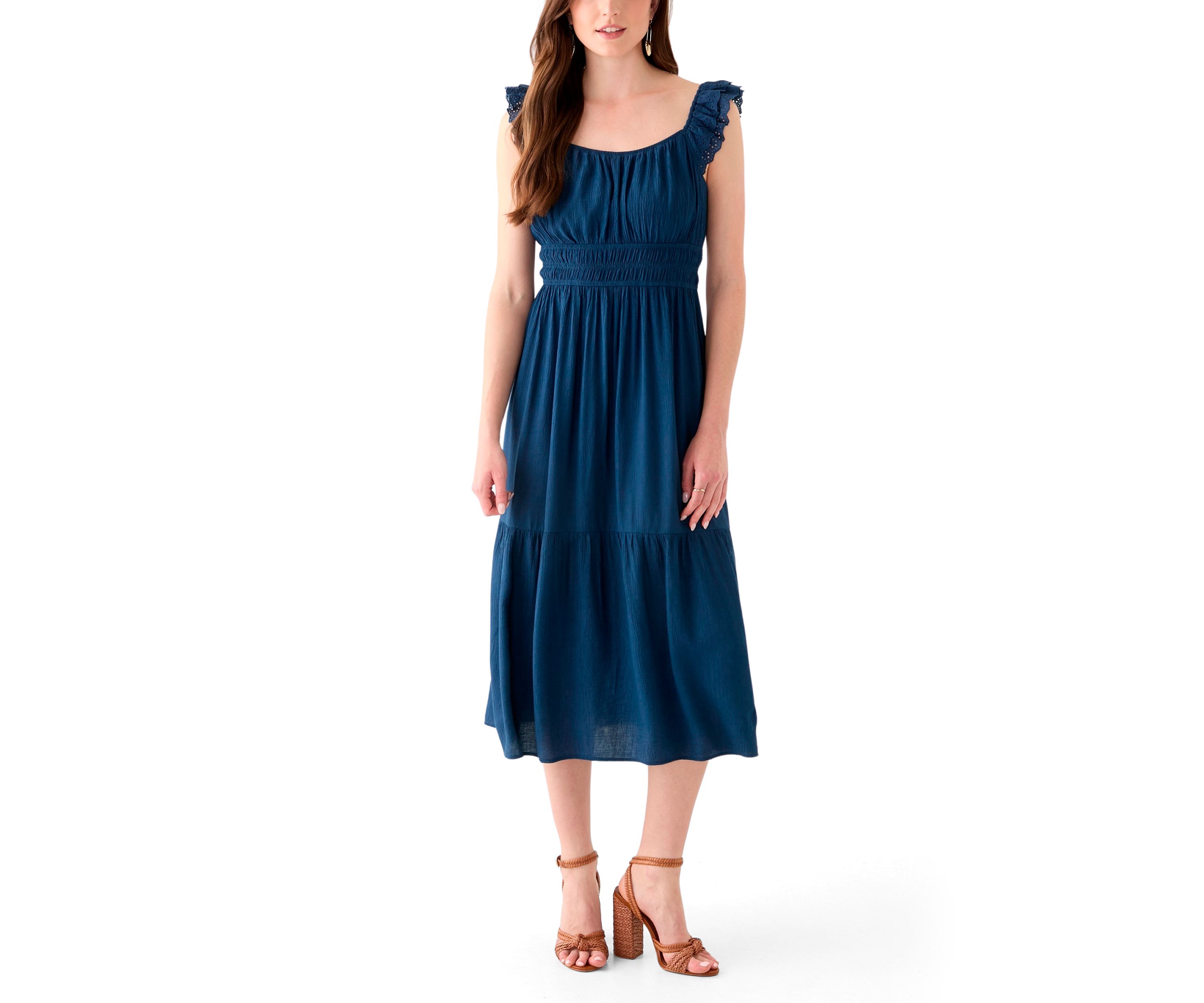 Womens Ruffle Eyelet Trim Midi Dress
