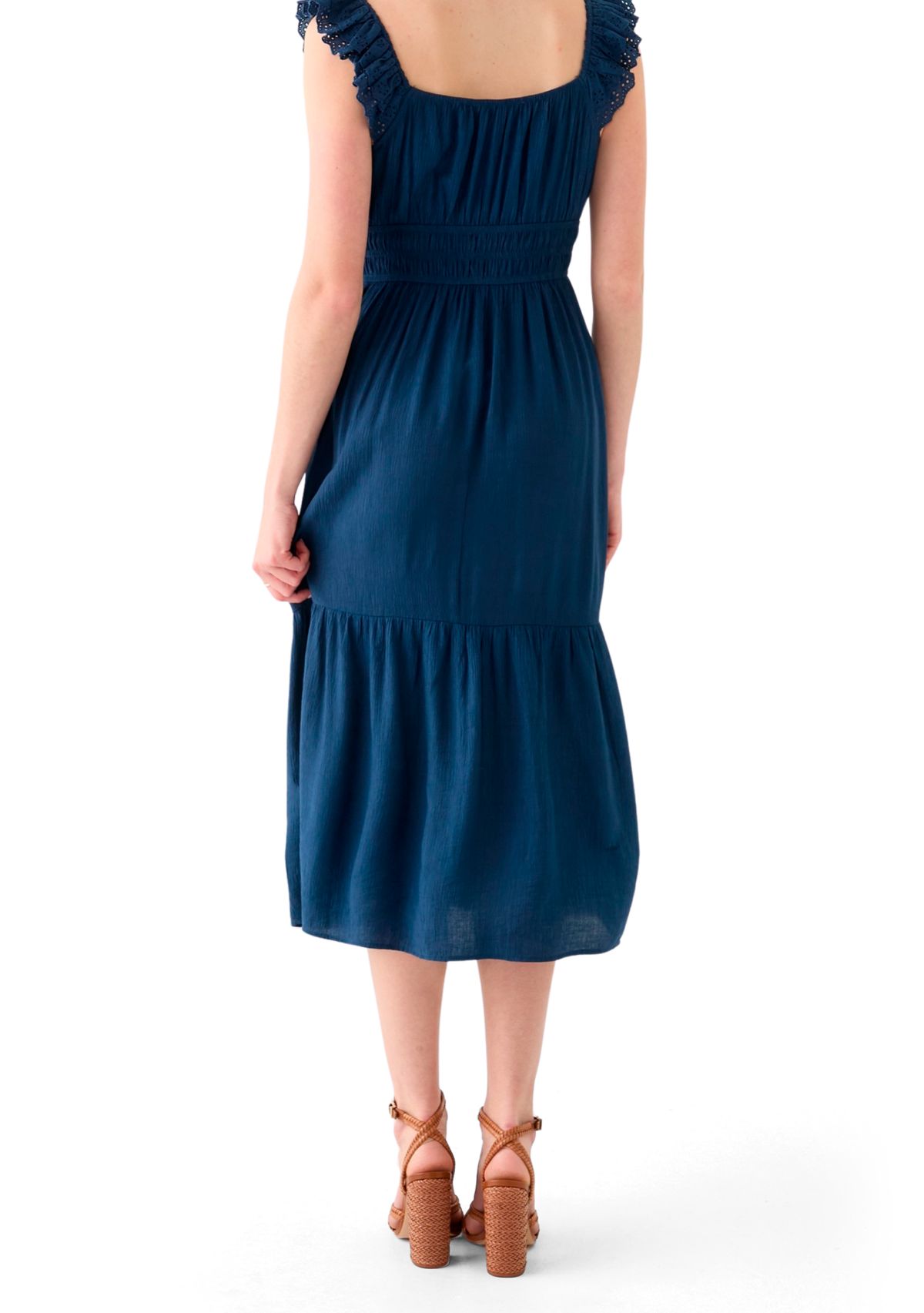Womens Ruffle Eyelet Trim Midi Dress