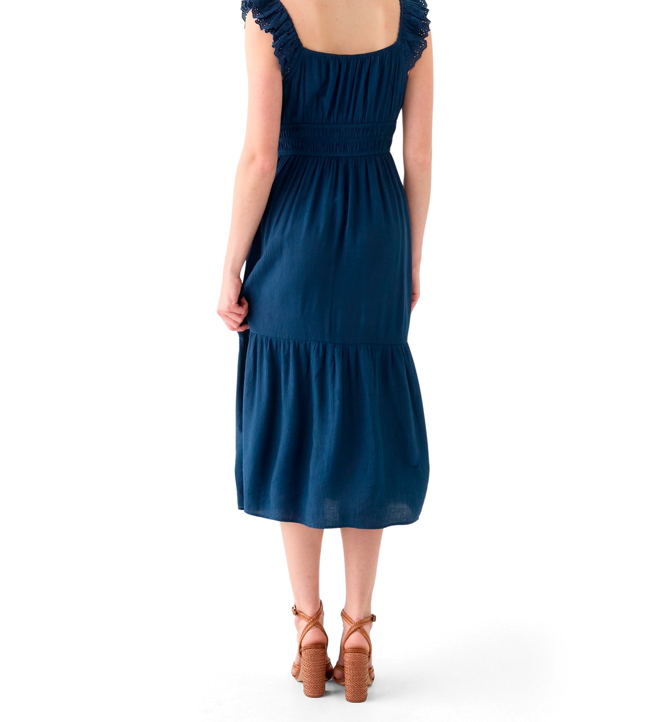 Womens Ruffle Eyelet Trim Midi Dress