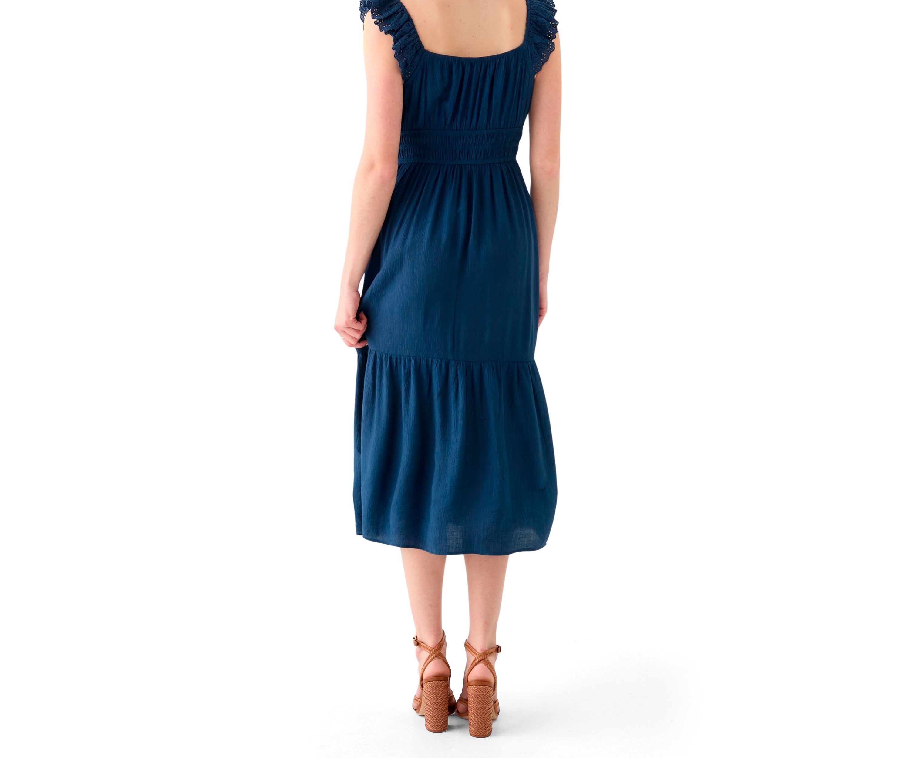 Womens Ruffle Eyelet Trim Midi Dress