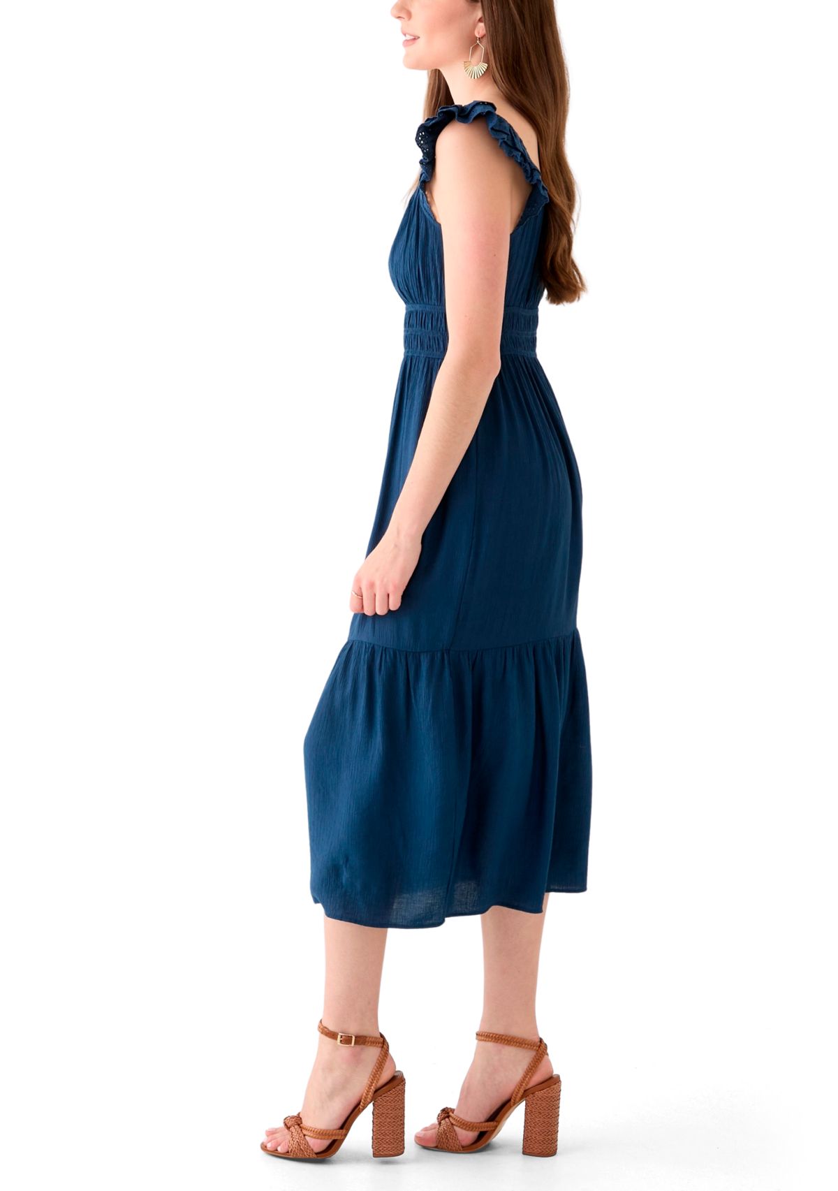 Womens Ruffle Eyelet Trim Midi Dress