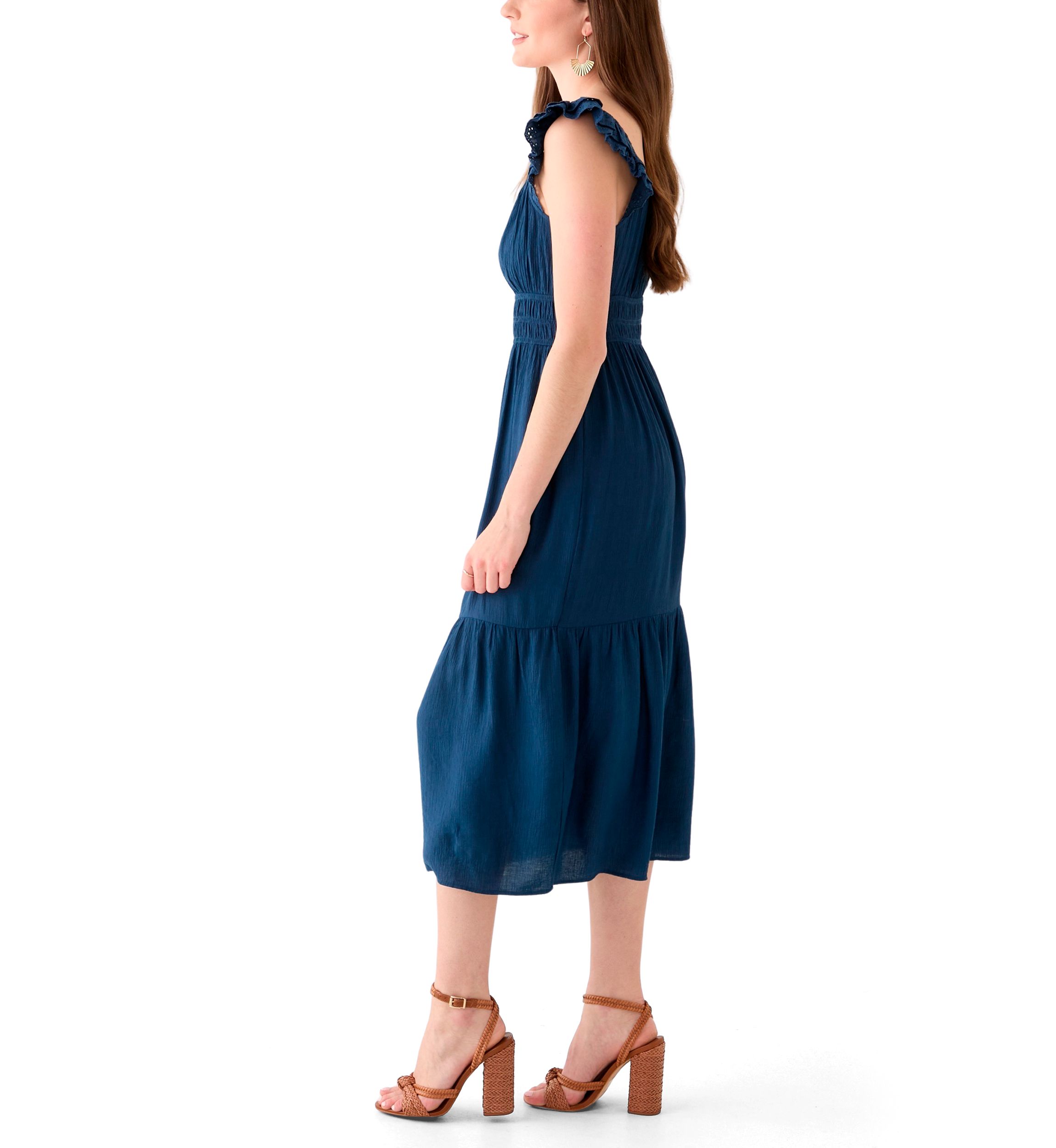 Womens Ruffle Eyelet Trim Midi Dress
