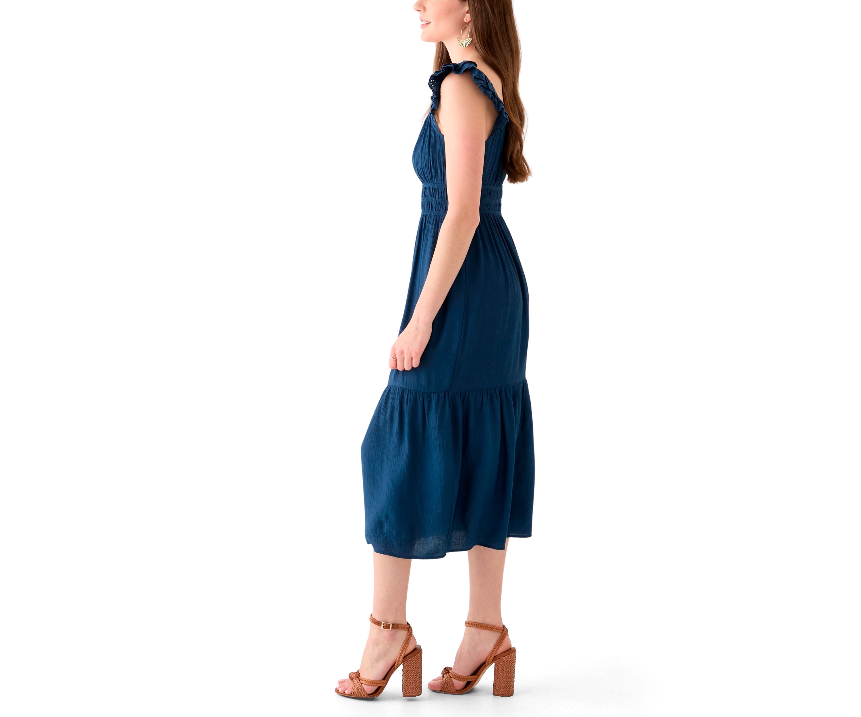 Womens Ruffle Eyelet Trim Midi Dress