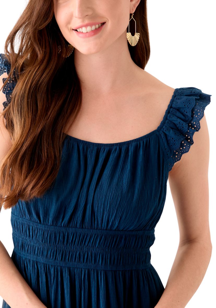 Womens Ruffle Eyelet Trim Midi Dress