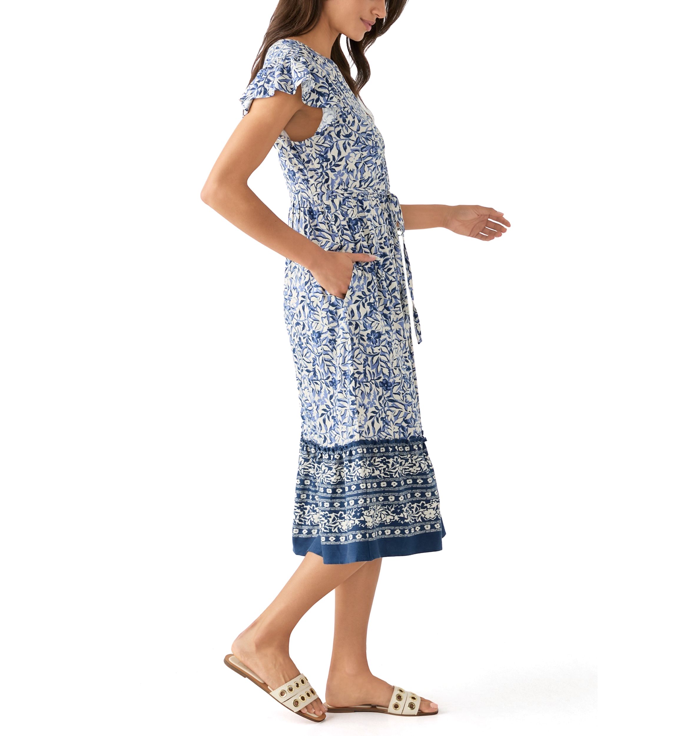 Womens Mandarin Collar Floral Midi Dress