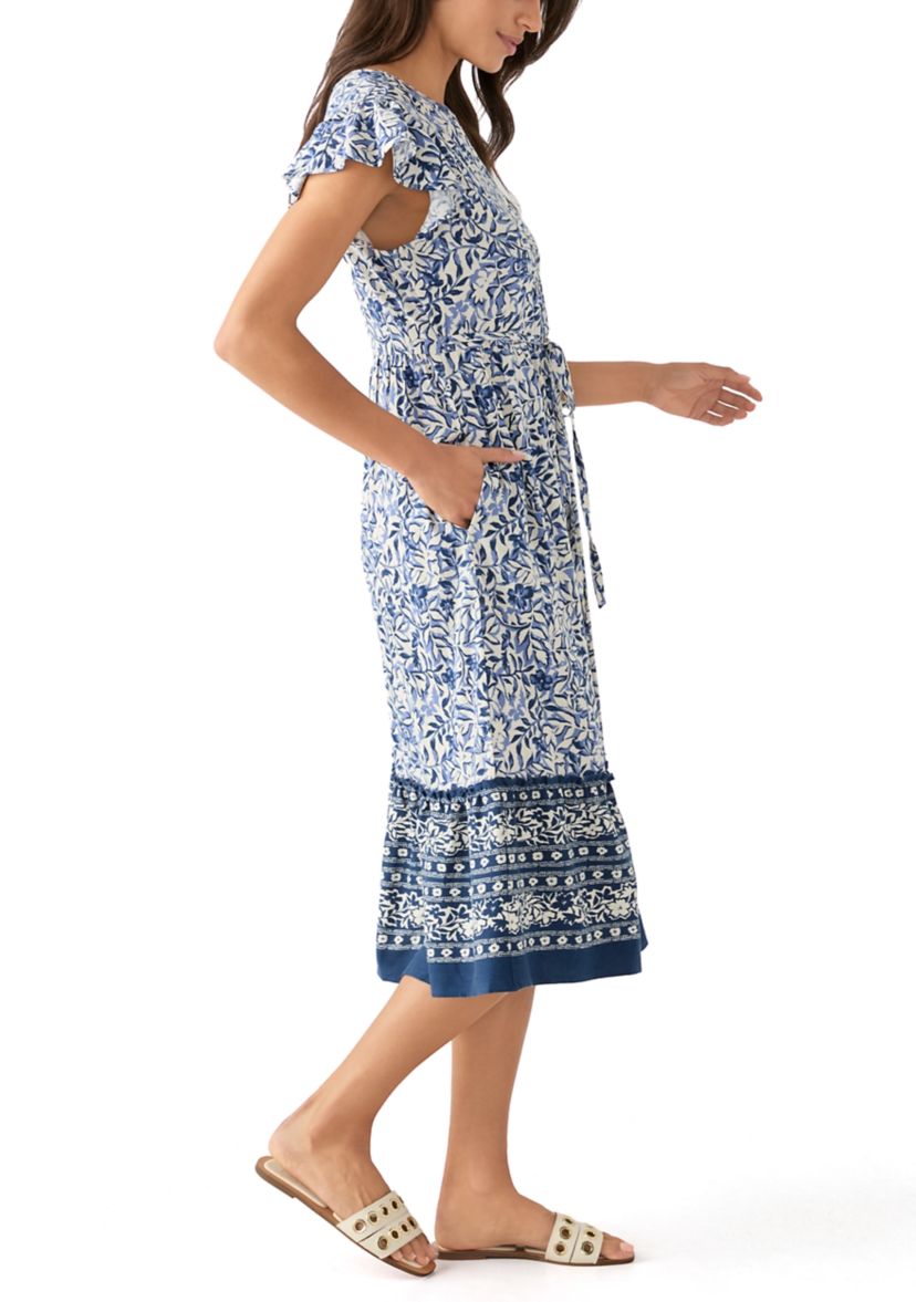 Womens Mandarin Collar Floral Midi Dress