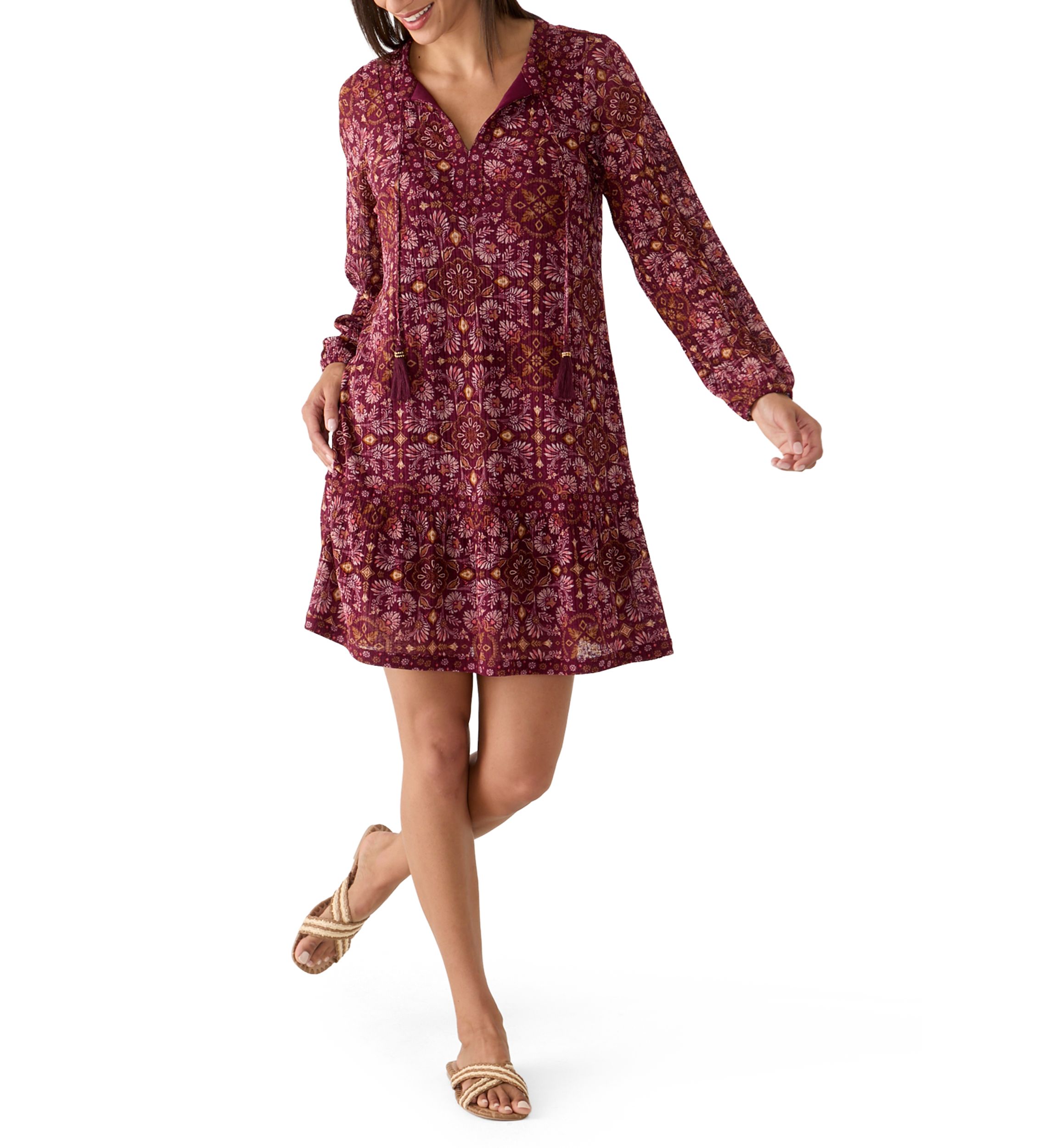 a line peasant dress Lucky Brand Women's Long Sleeve Printed A-Line with Ruffles, Burgundy, Medium Bohemian dress