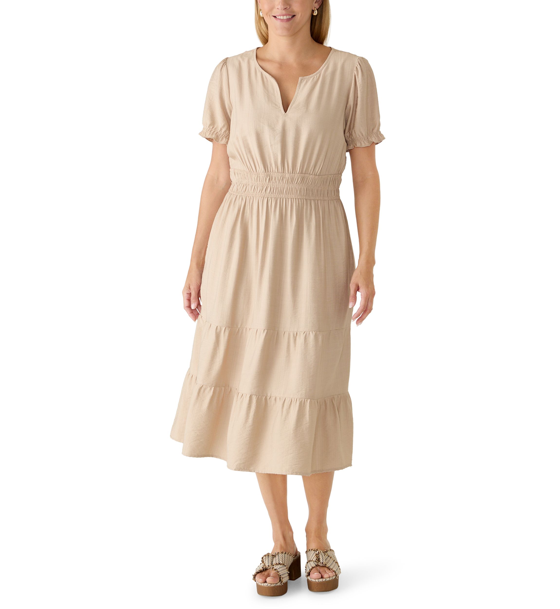 beige brand dress Beige Long Sleeve Maxi Dress w/ High Slit