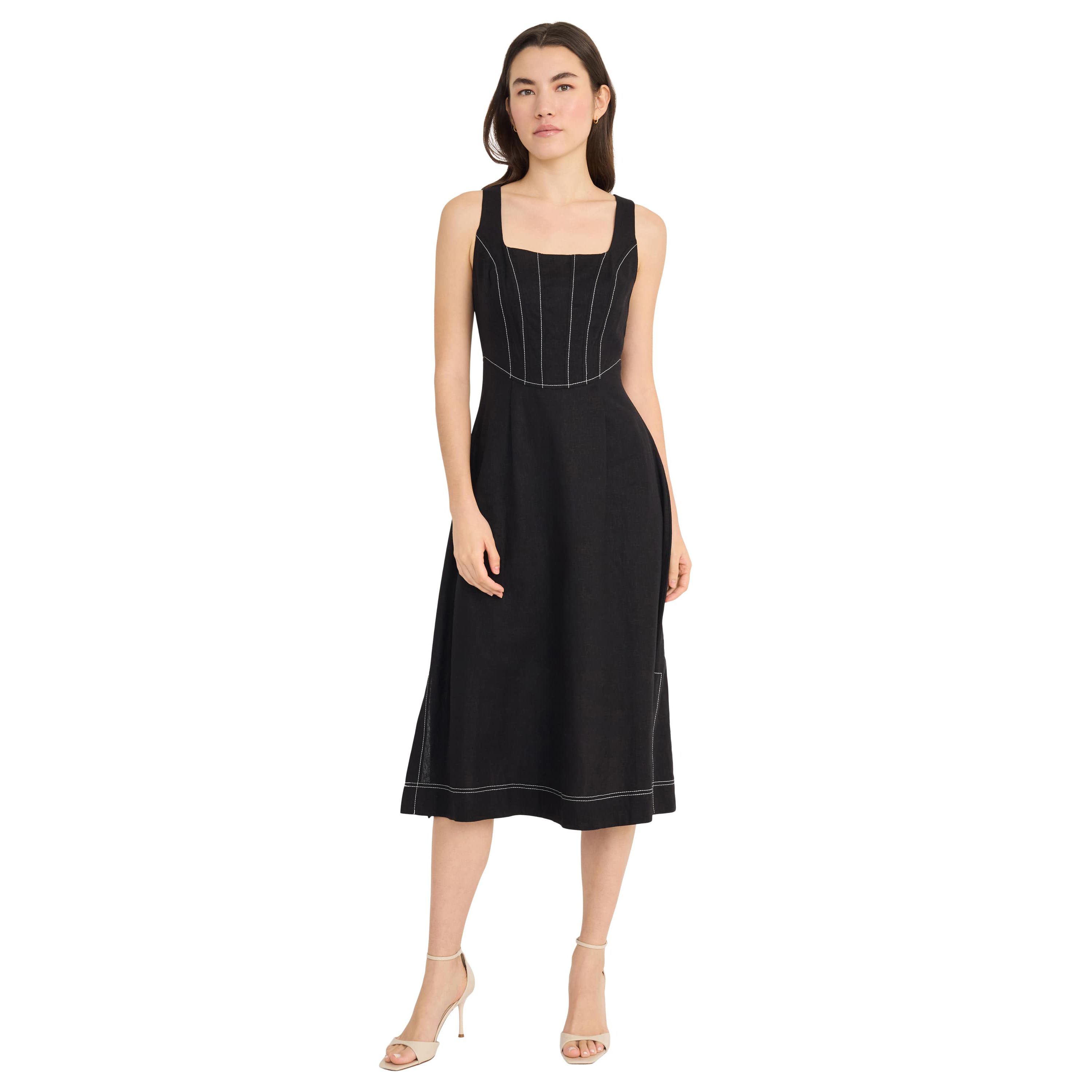 Midi Dress with Bodice Topstitching Details