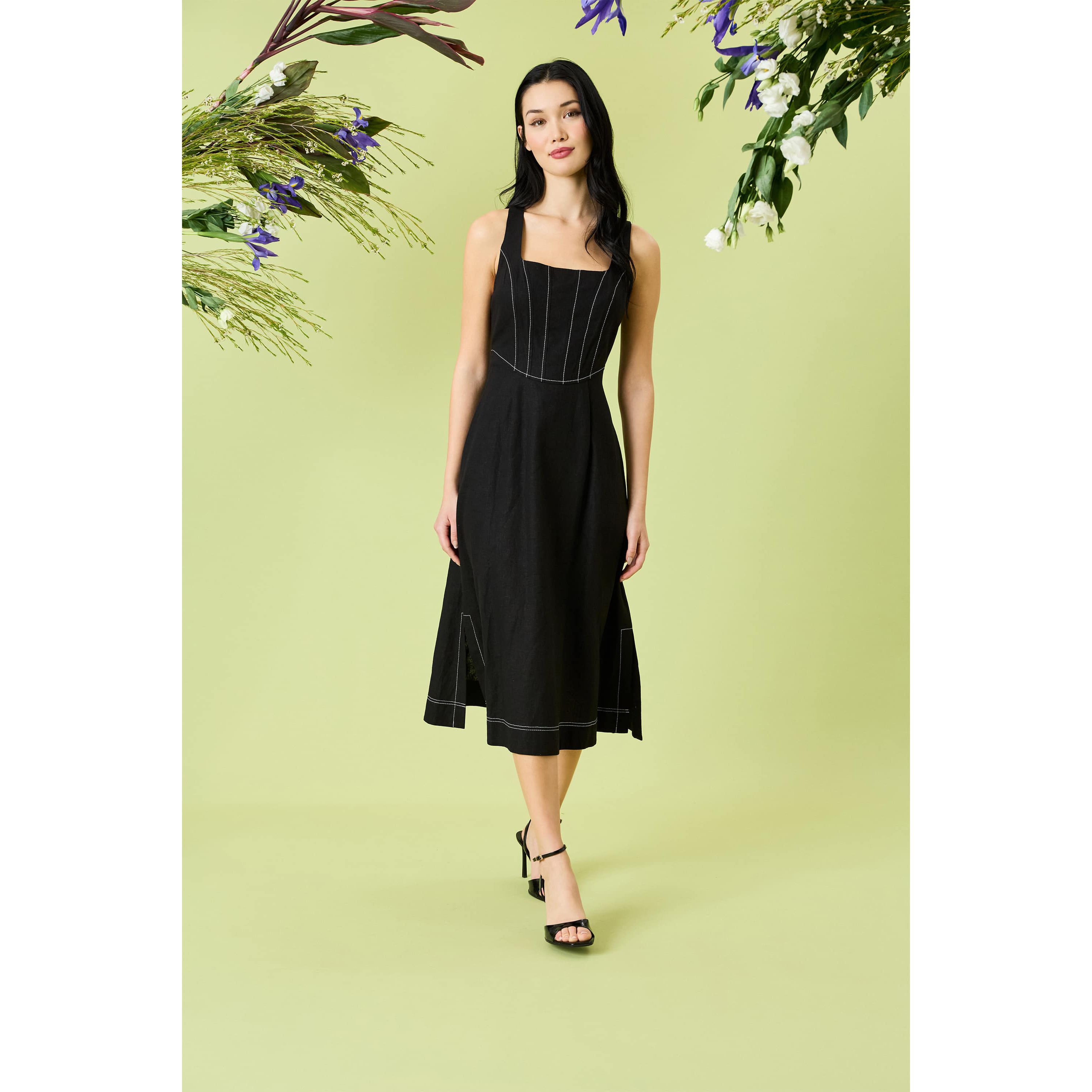 Midi Dress with Bodice Topstitching Details