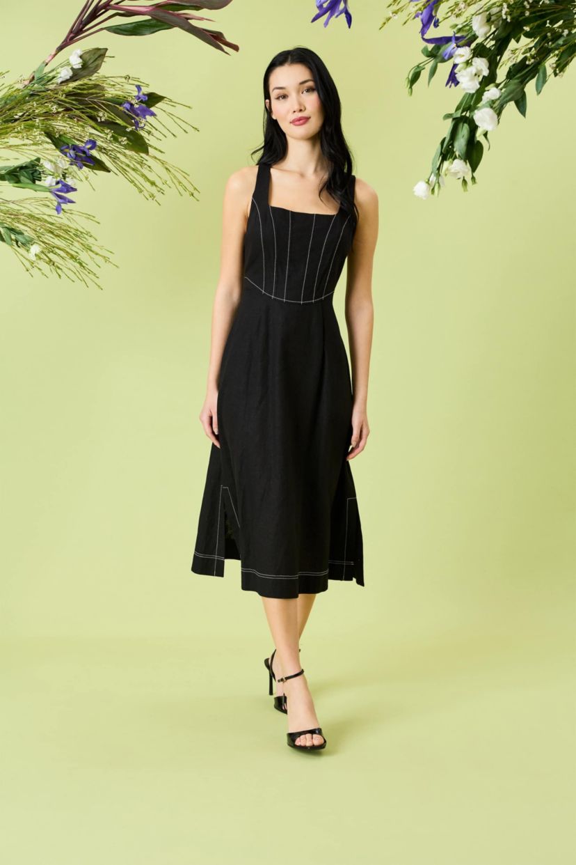 Midi Dress with Bodice Topstitching Details