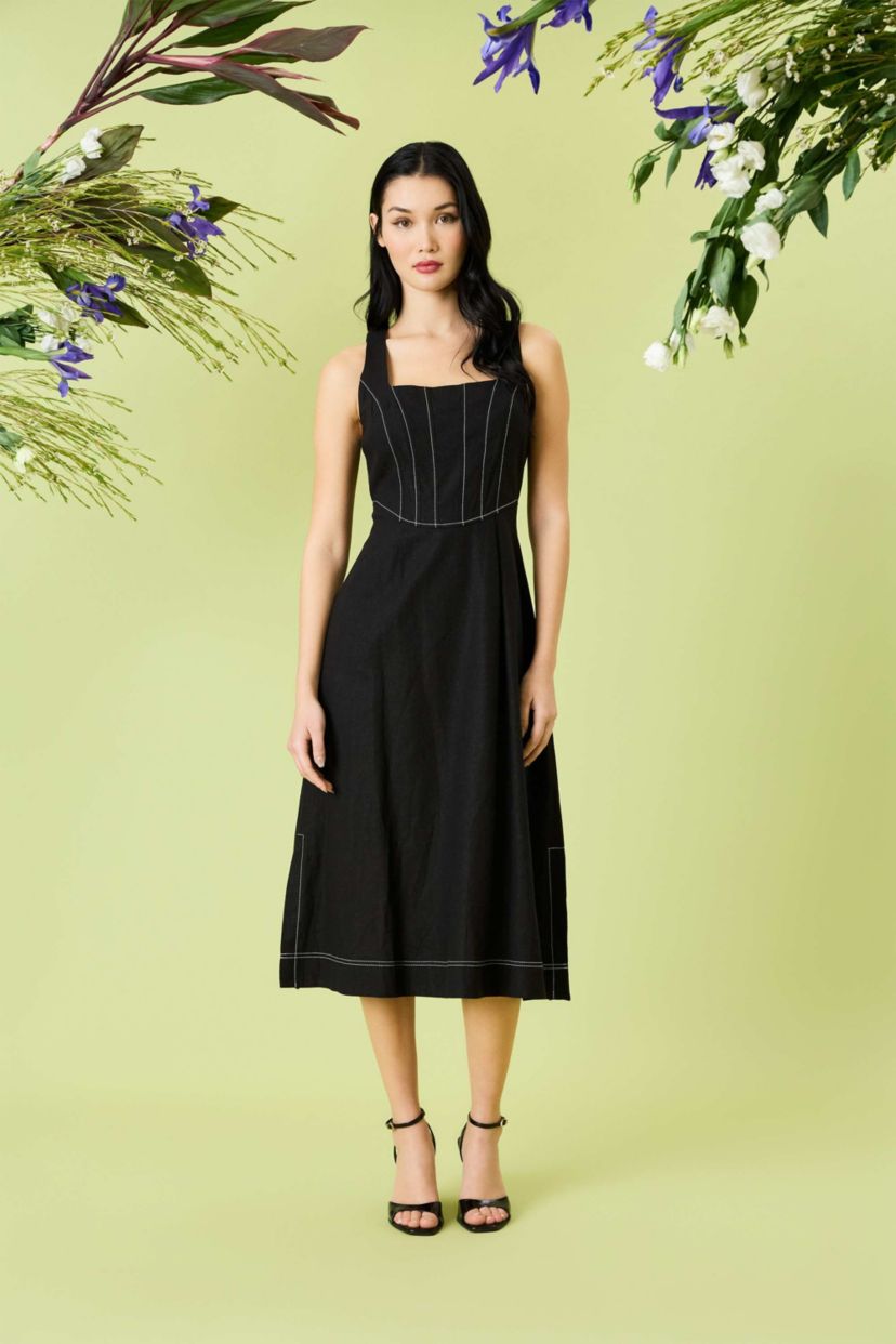 Midi Dress with Bodice Topstitching Details