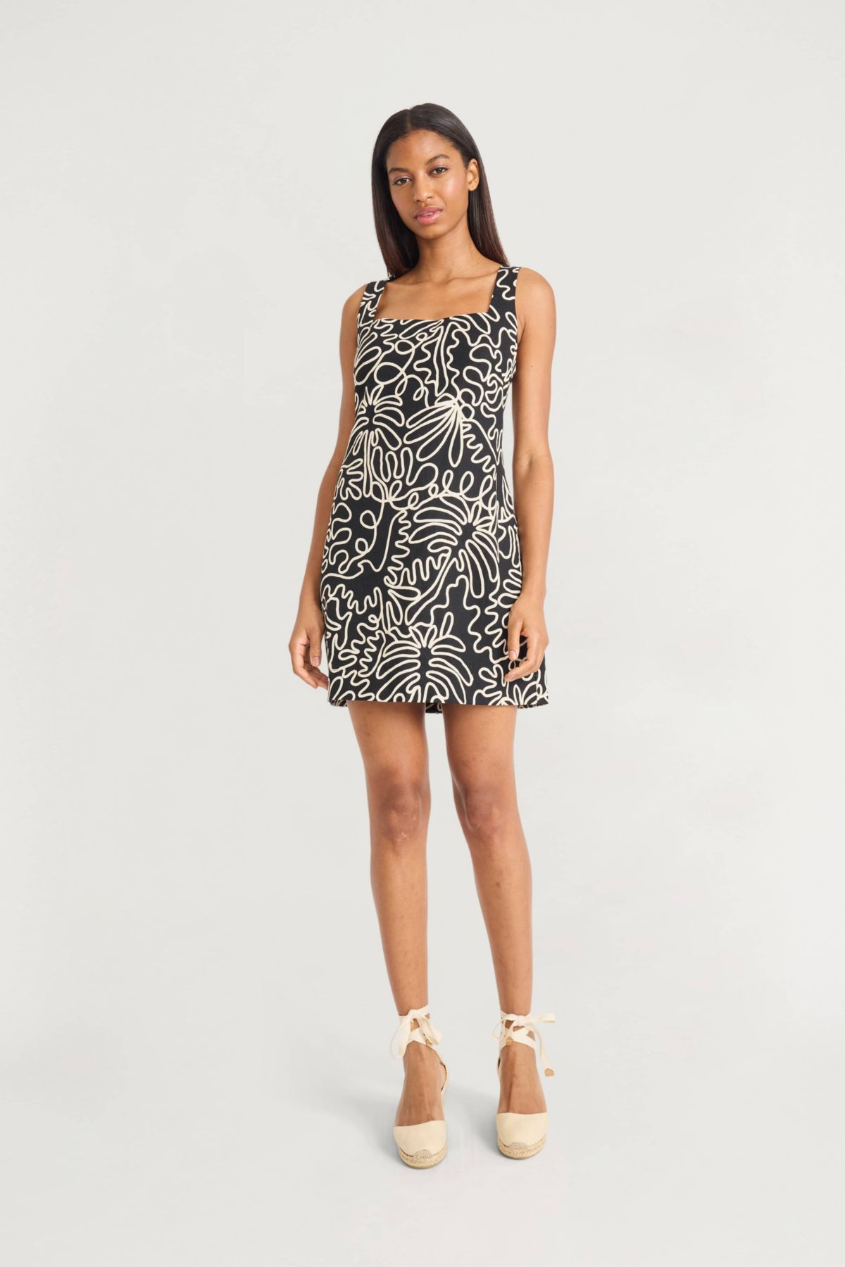 Square Neck Palm Printed Mini Dress