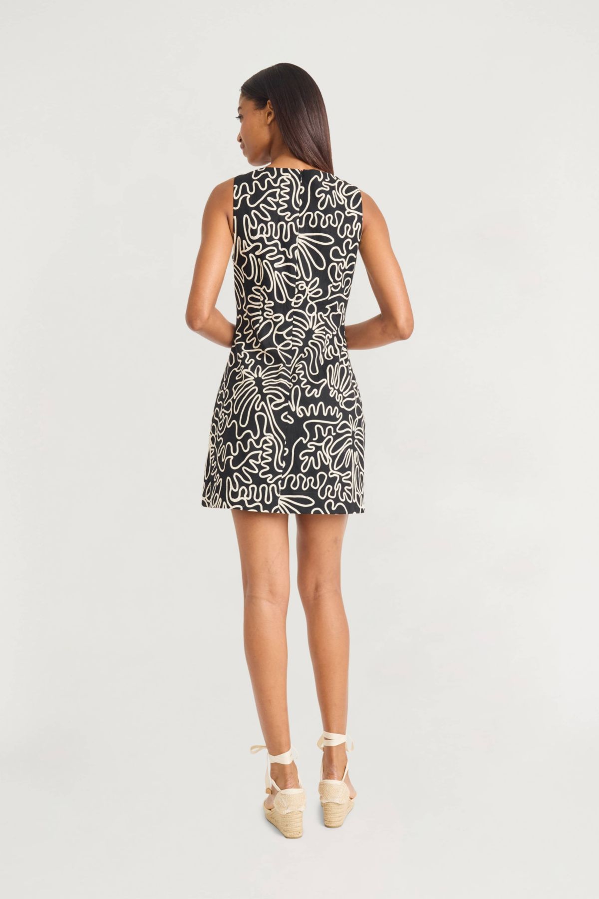 Square Neck Palm Printed Mini Dress