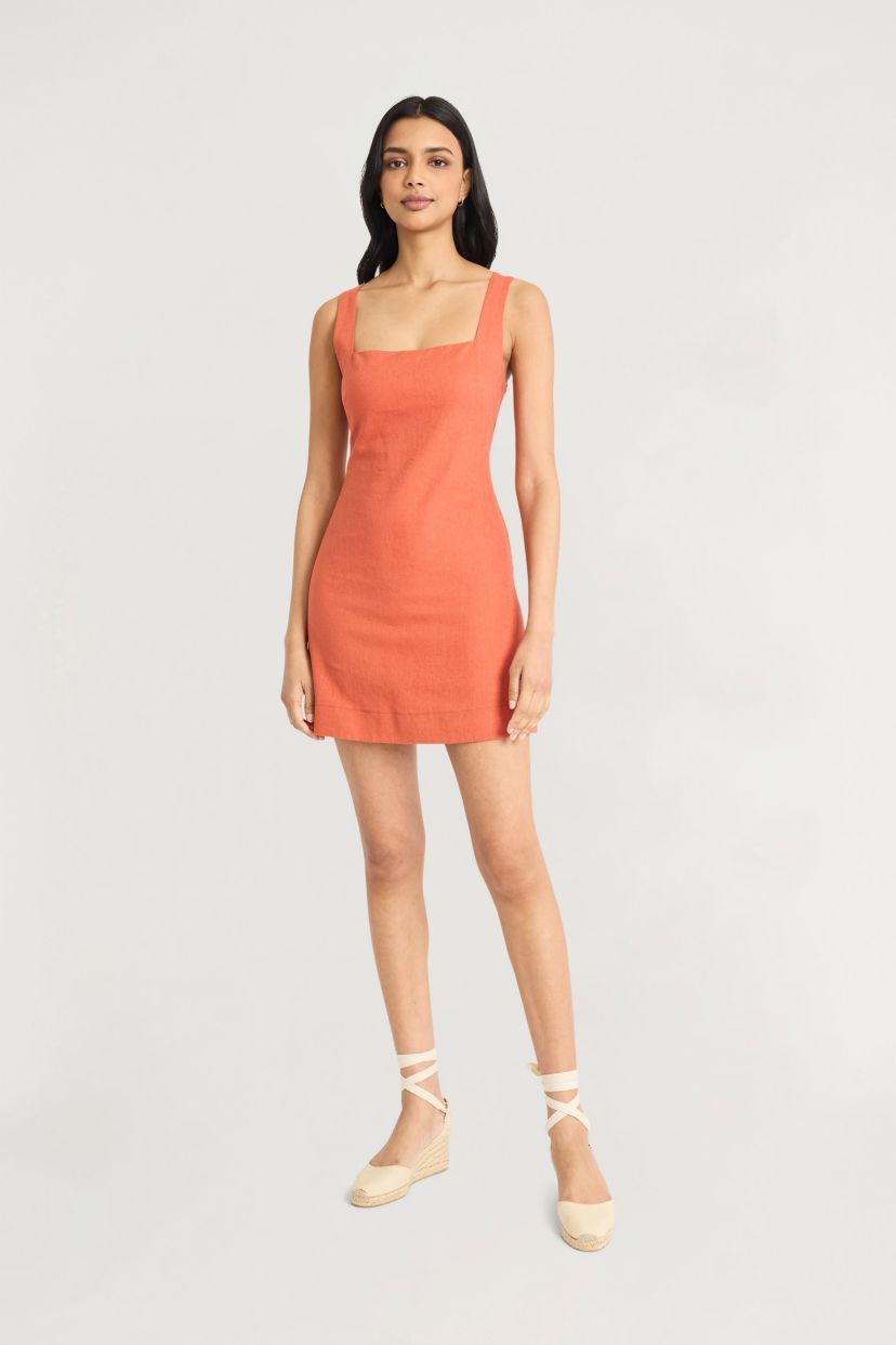 Square Neck Linen Mini Dress